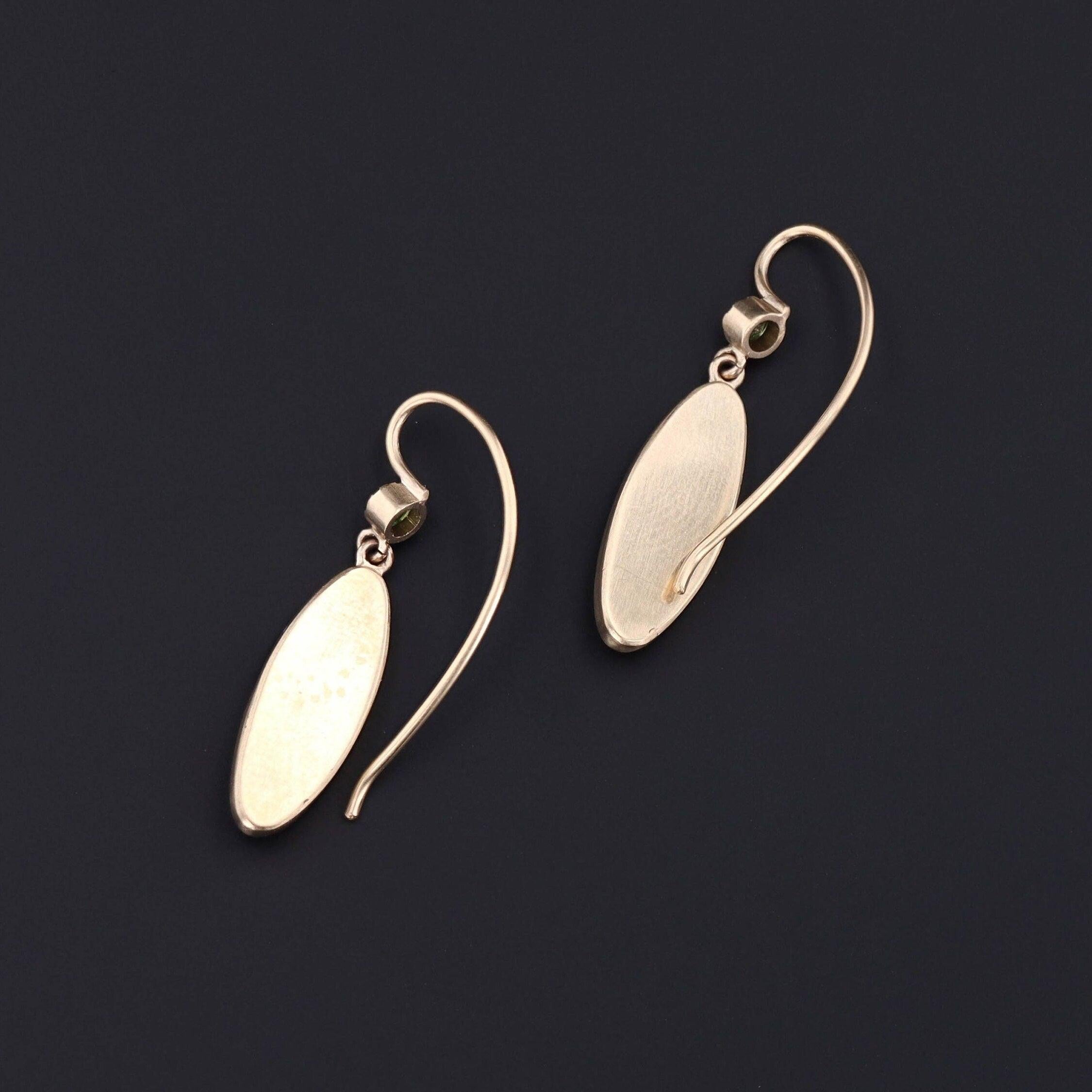 Antique Demantoid Garnet Insect Shibayama Conversion Earrings of 14k Gold In Good Condition For Sale In Lewisburg, PA