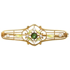 Antique Brooch / Pin, Demantoid Garnet, Pearl and Enamel, 14 Karat Yellow Gold 