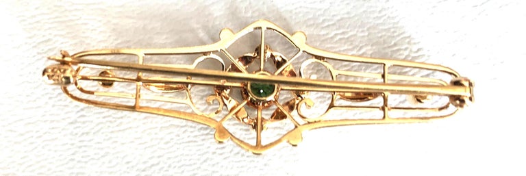 Art Nouveau Antique Brooch / Pin, Demantoid Garnet, Pearl and Enamel, 14 Karat Yellow Gold  For Sale