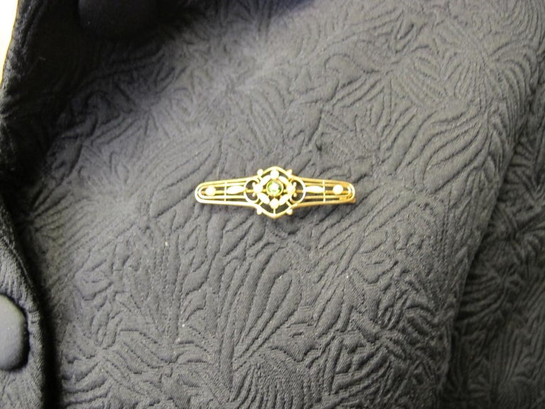Women's or Men's Antique Brooch / Pin, Demantoid Garnet, Pearl and Enamel, 14 Karat Yellow Gold  For Sale