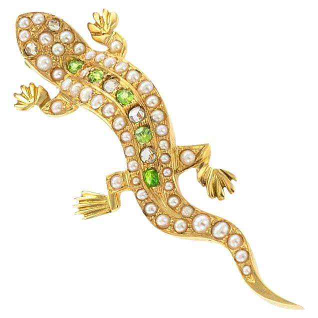 Antike Salamander-Brosche aus Demantoid mit Granaten, Perlen und Diamant im Rosenschliff
