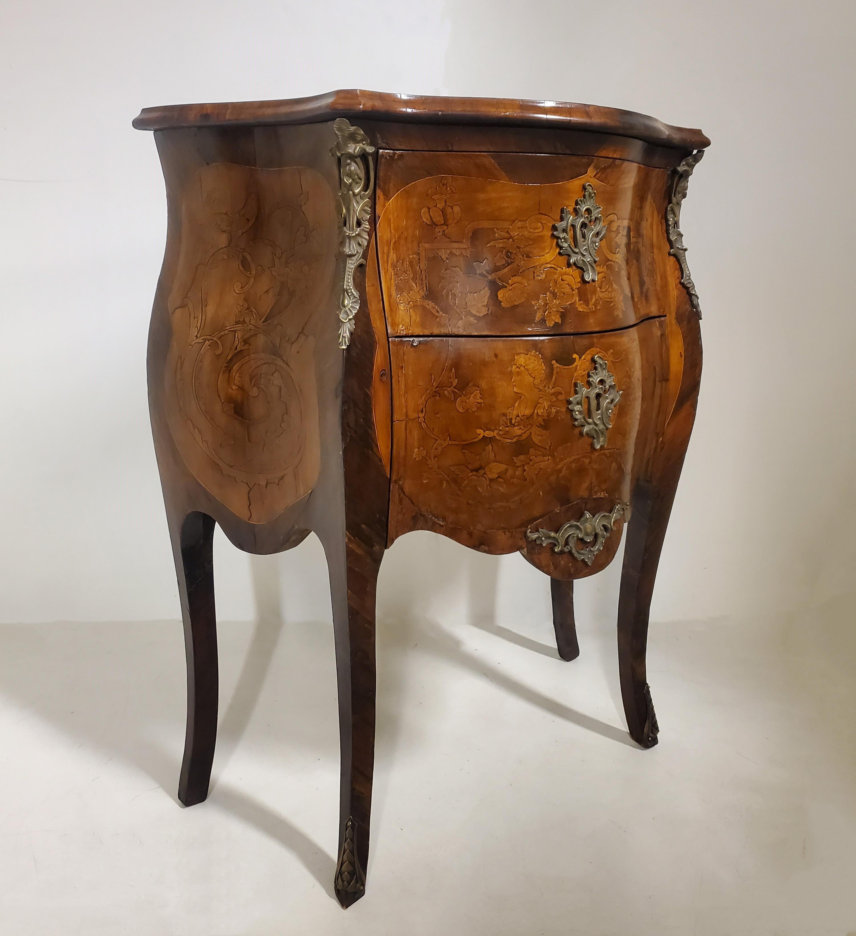 Louis XV  Antique Demilune Marquetry Inlaid Lv Style Two Drawer Commode