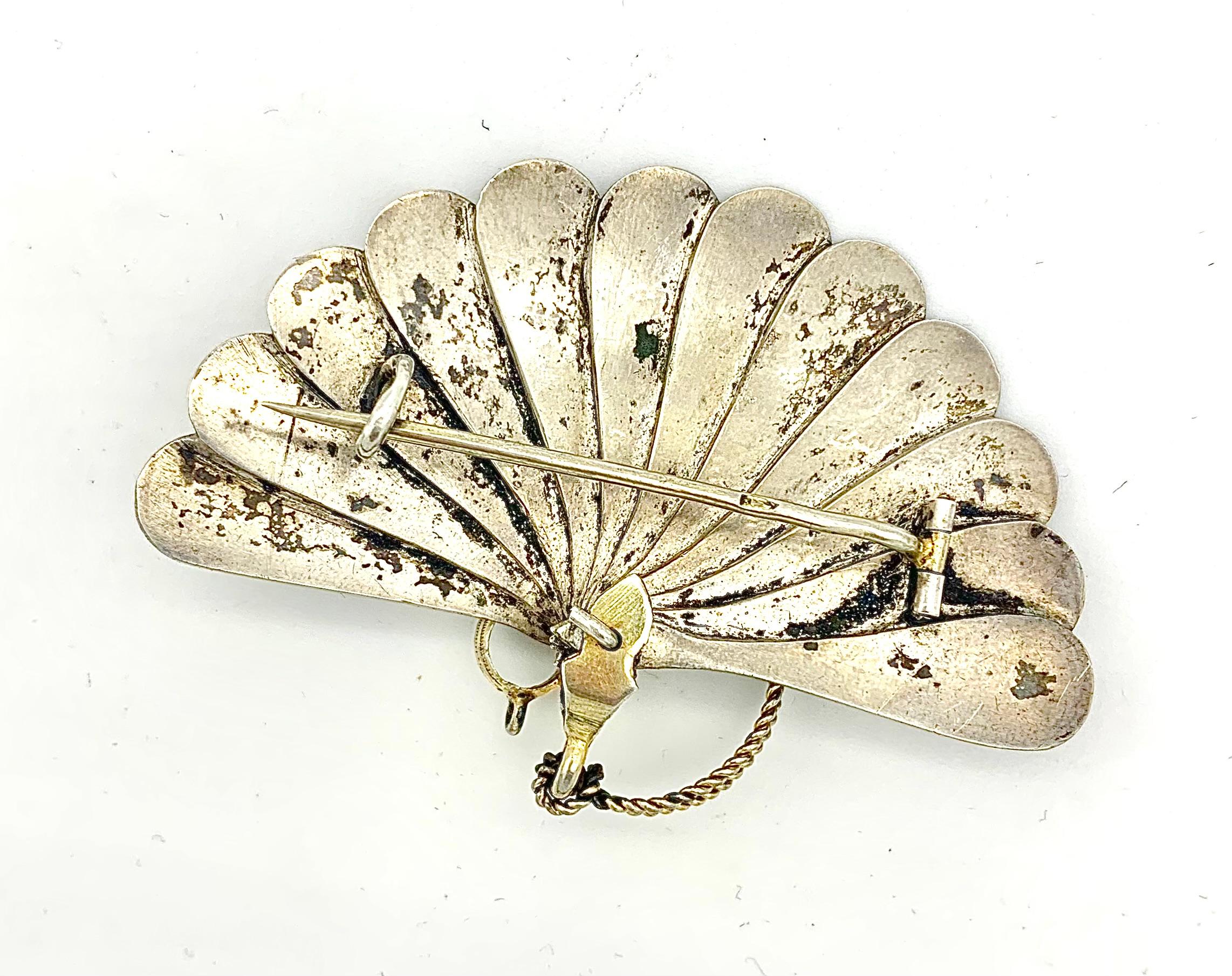 Women's Antique Demi Parure Fans Earrings and Brooch Silver Enamel Original Box For Sale