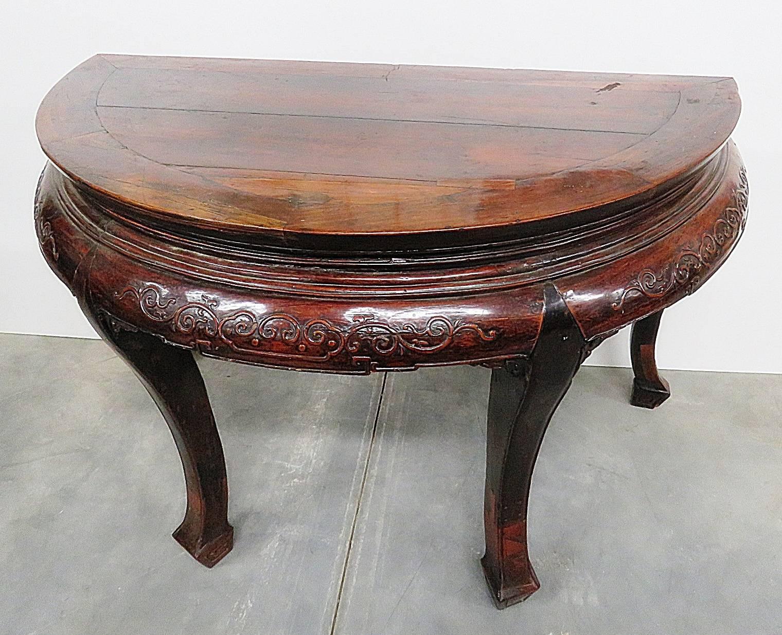 Antique 1880s Era Chinese Carved Demilune Console Sofa Table  In Good Condition In Swedesboro, NJ
