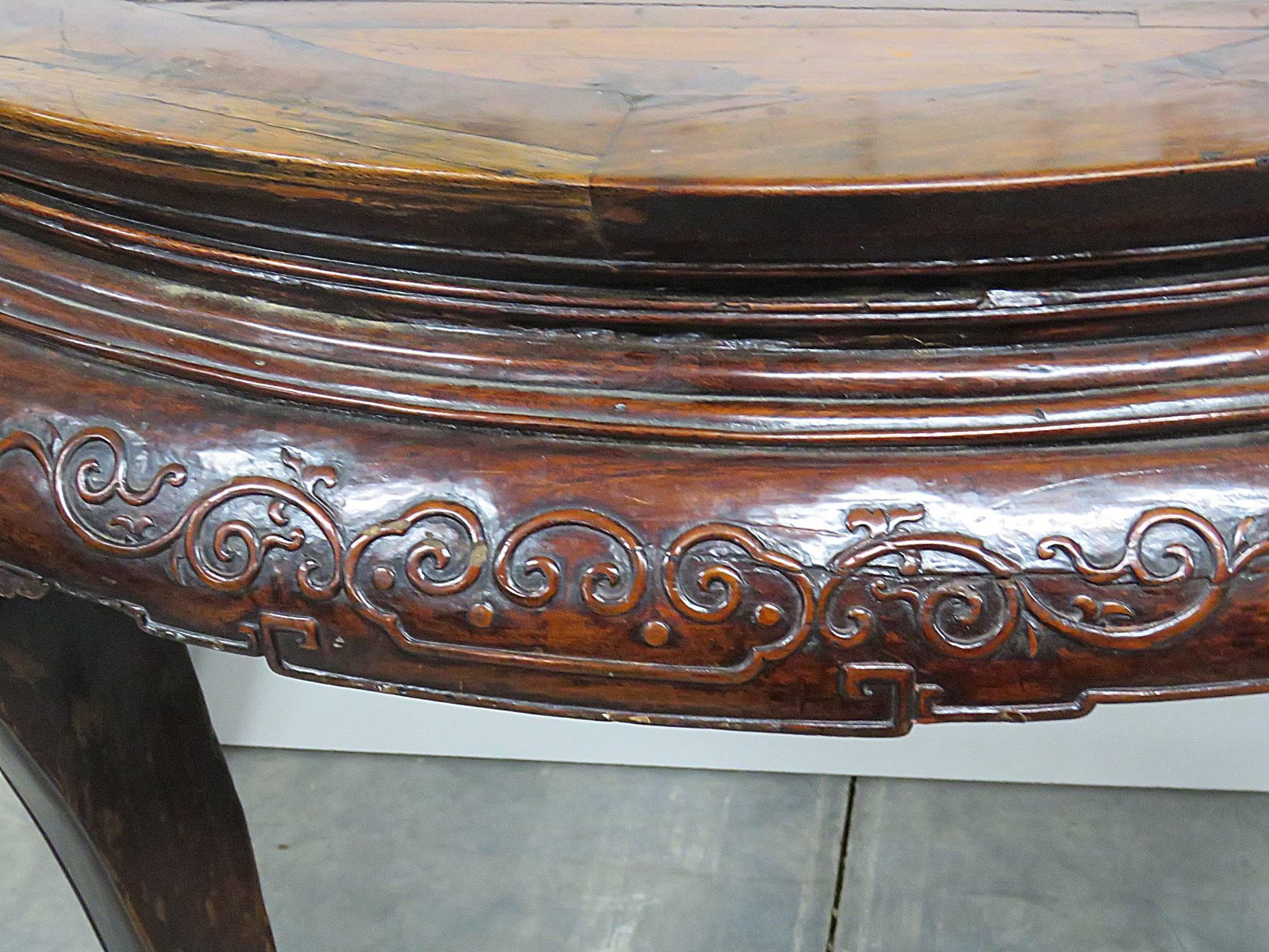 Walnut Antique 1880s Era Chinese Carved Demilune Console Sofa Table 