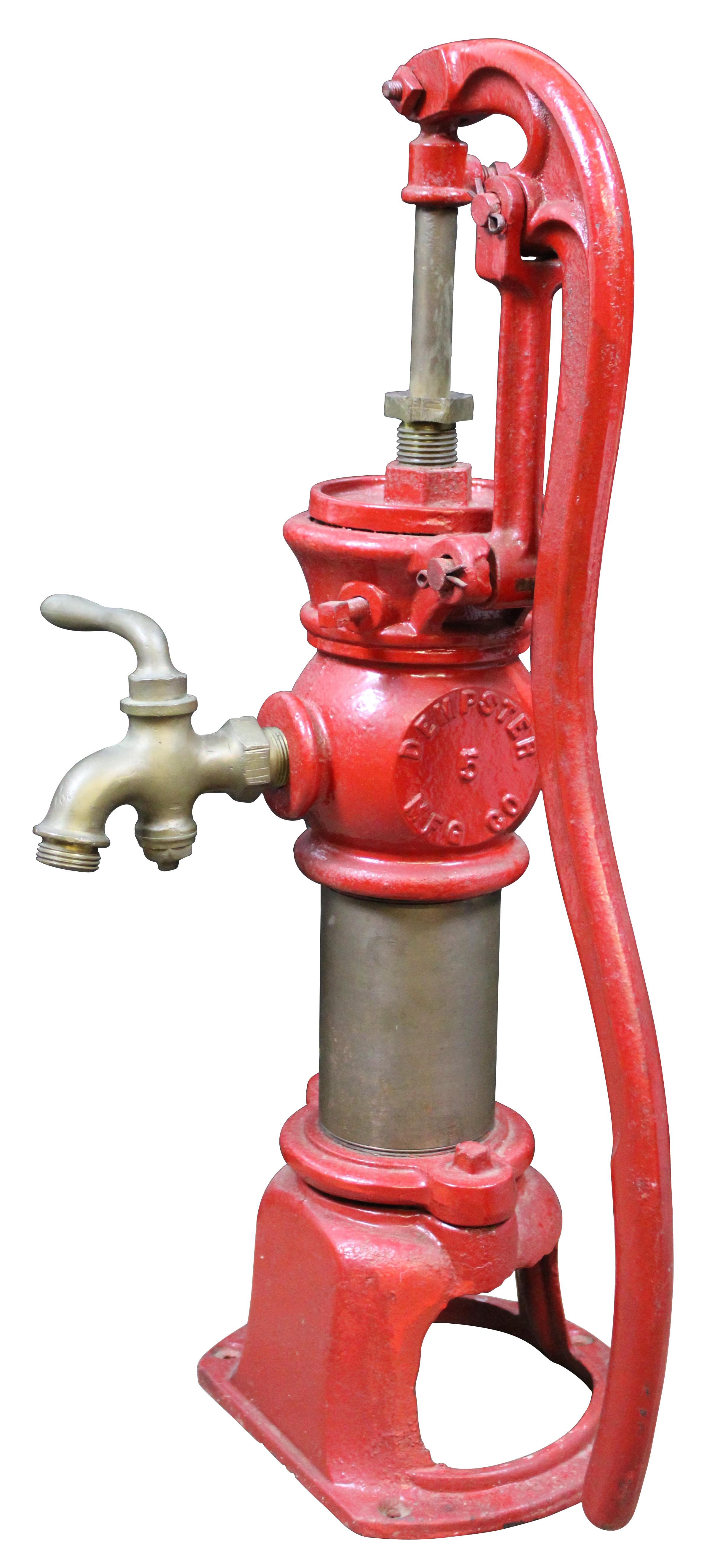 Antique American fire truck red cast iron and brass number 5 country farmhouse hand water pump with spigot by Dempster Manufacturing Company. Many people of the time believed that drinking from cast iron was not healthy. This belief lead to