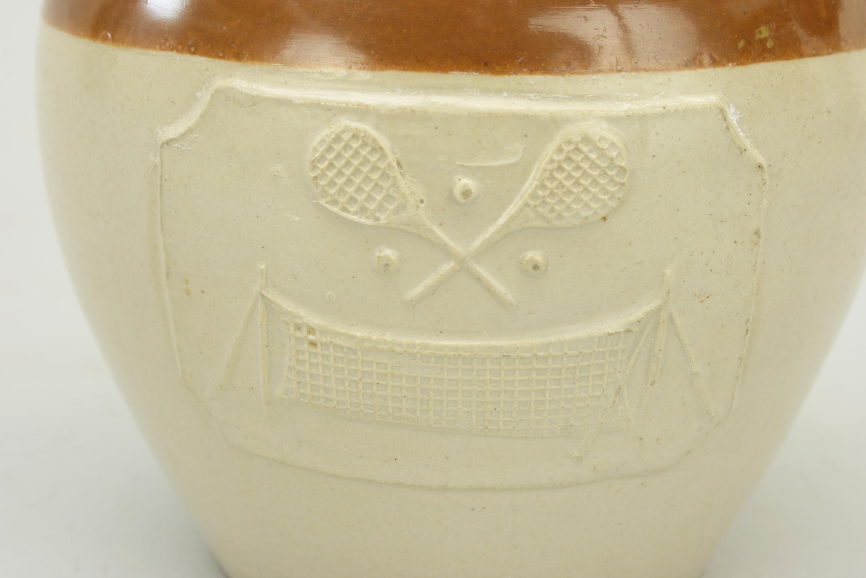 British Antique Denby Pottery Tennis, Rackets Lemonade Jug, c. 1890 For Sale