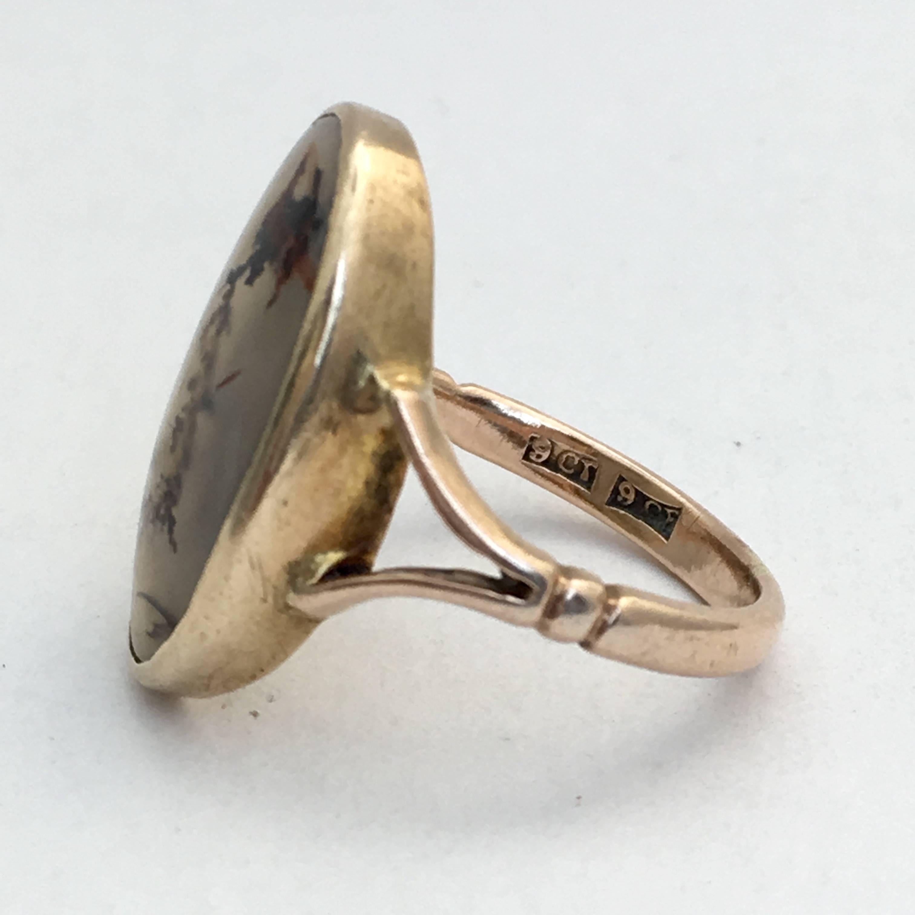 Antique Dendritic Tree Agate Gold Ring Edwardian Natural Moss Vintage Signet In Good Condition In London, GB