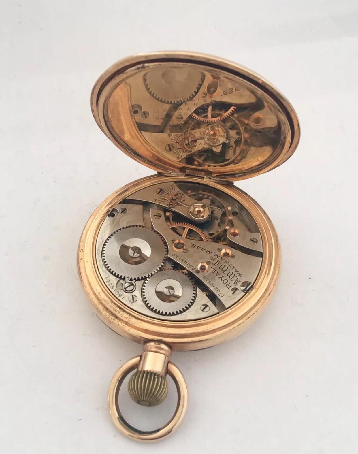 Antique Dennison Case Full Hunter Royal A.W.W. Co. Waltham Mass Pocket Watch In Good Condition In Carlisle, GB