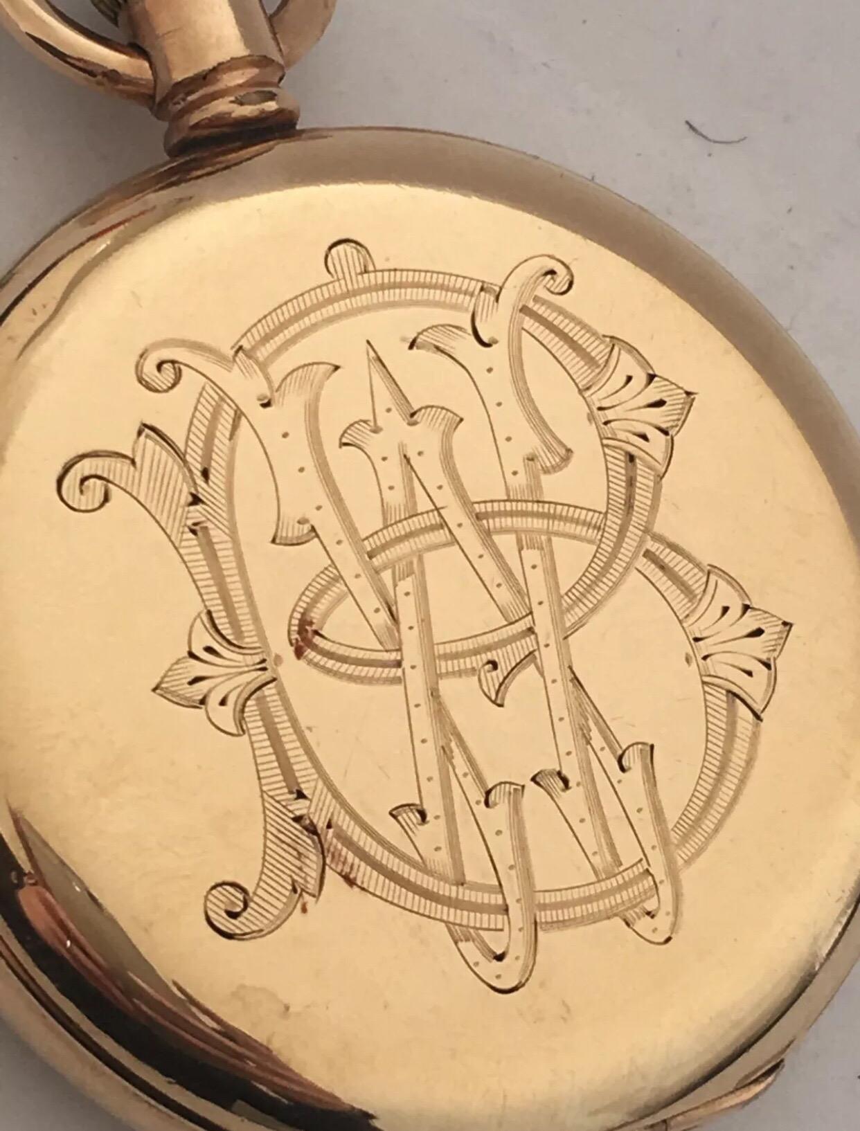 Antique Full Hunter Royal A.W.W. Co. Waltham, Mass Gold Plated Pocket Watch.
This beautiful watch is in good working condition and it is ticking well. It’s beautifully engraved emblem W.B. 