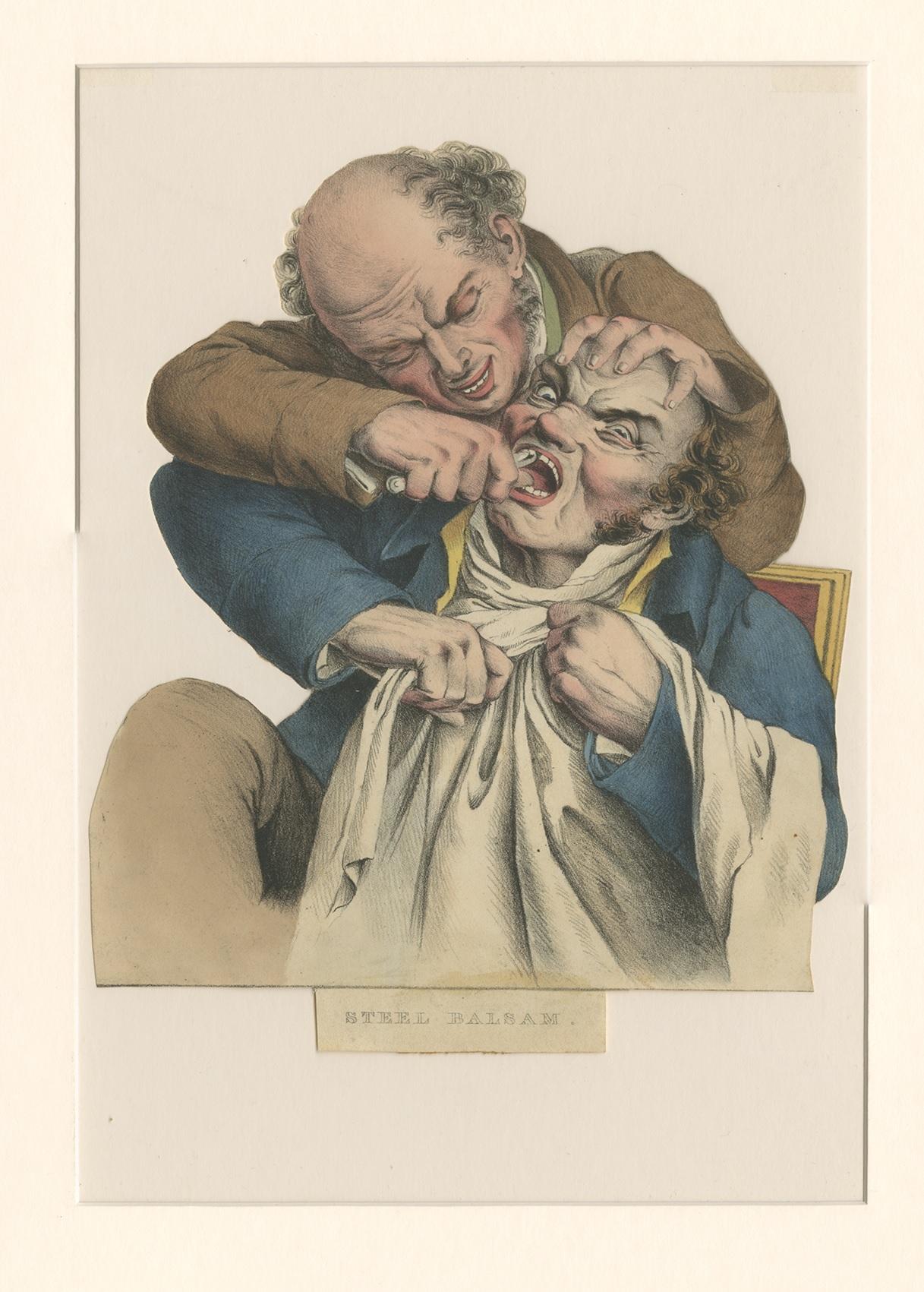Antique print titled 'Steel Balsam'. This dentistry caricature shows a dentist extracting a tooth using steel pliers. The title of this version of this work is 'Steel Balsam' with balsam here being an archaic term for balm or treatment. The