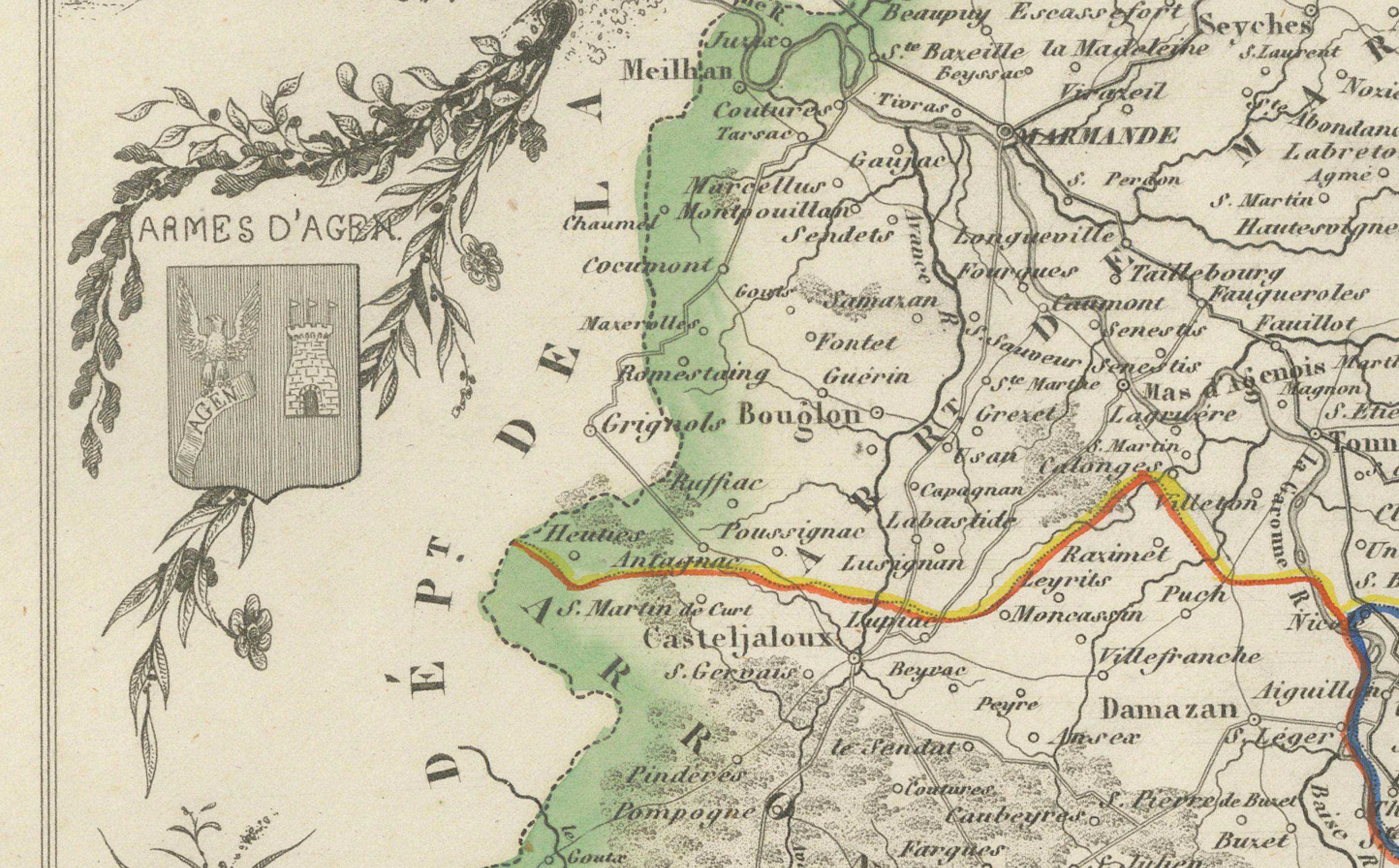XIXe siècle Carte départementale ancienne - Lot-et-Garonne, France par Levasseur, c.1850 en vente