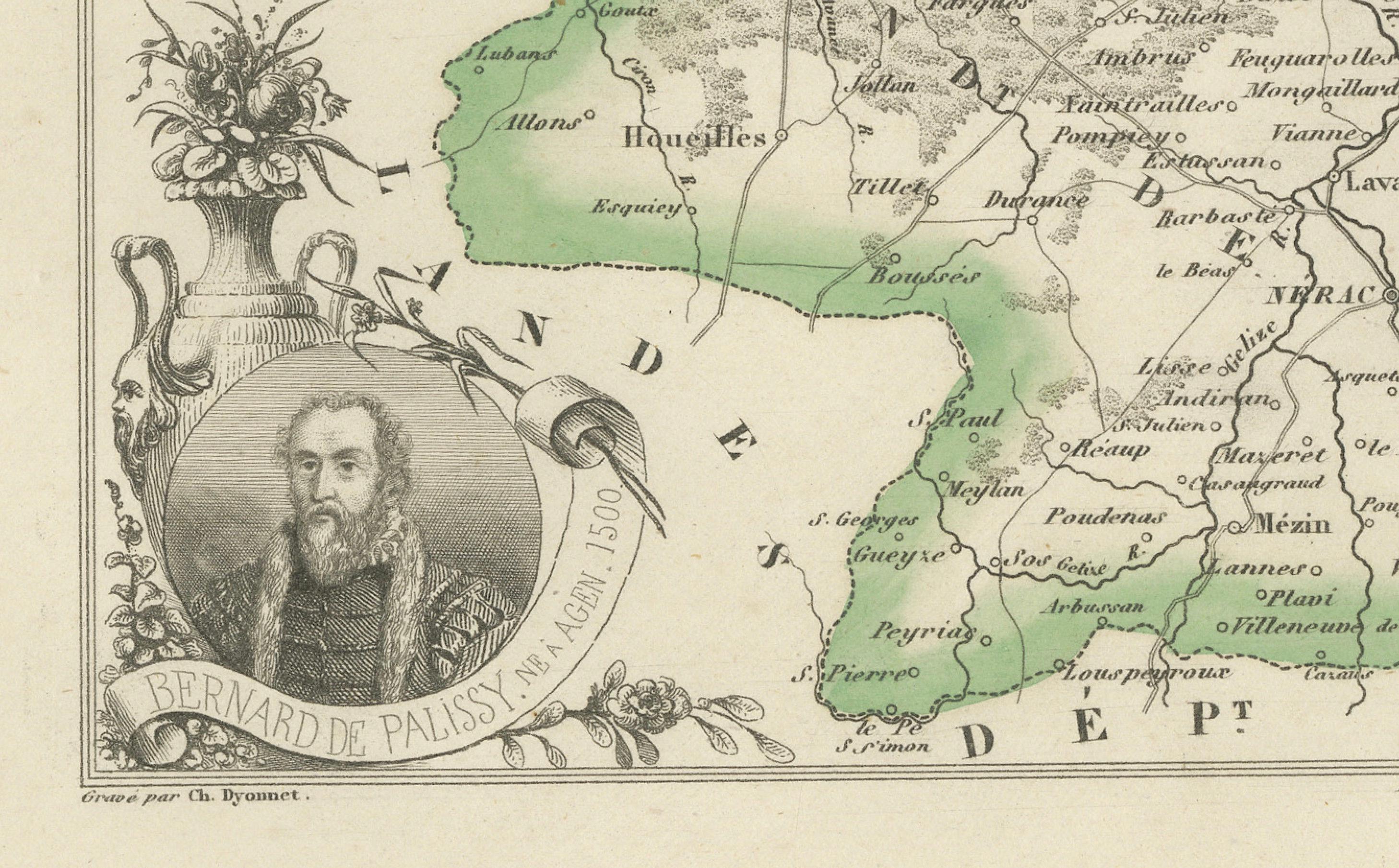 Papier Carte départementale ancienne - Lot-et-Garonne, France par Levasseur, c.1850 en vente