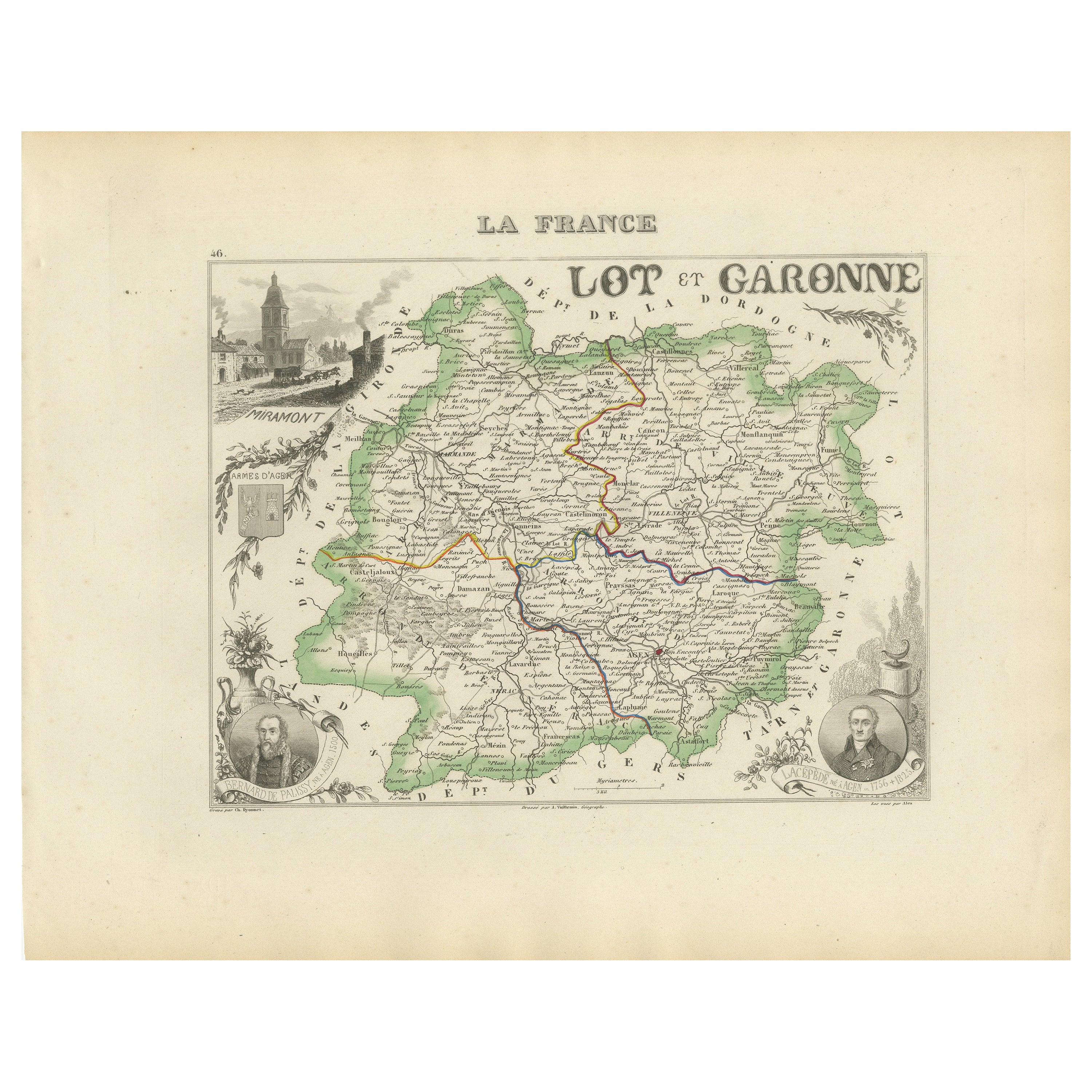 Carte départementale ancienne - Lot-et-Garonne, France par Levasseur, c.1850