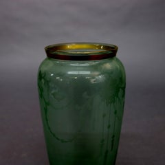 Antique Depression Era Etched and Gilt Art Glass Tall Vase, circa 1930