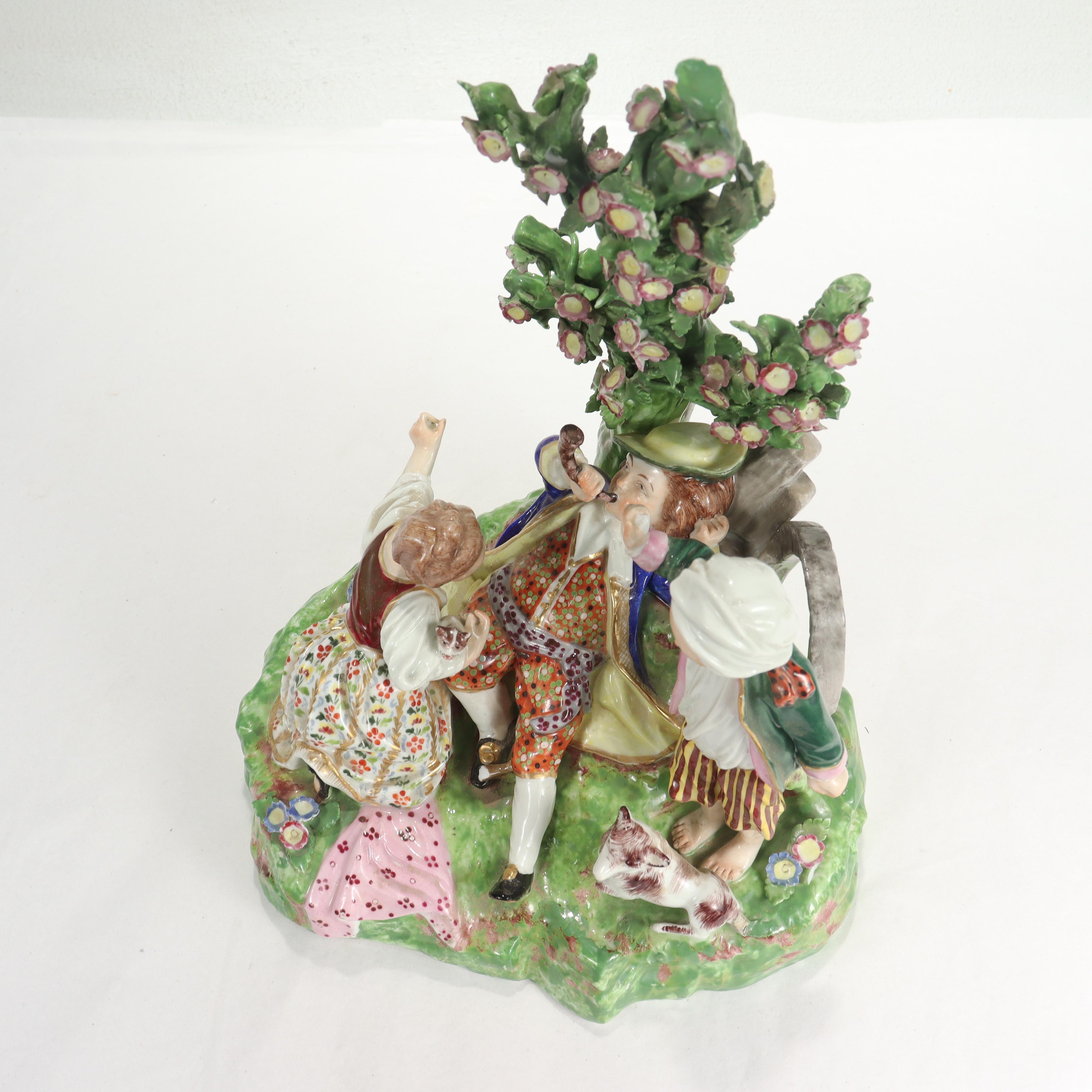 Antique Derby English Porcelain Figure of Children in a Garden In Fair Condition For Sale In Philadelphia, PA