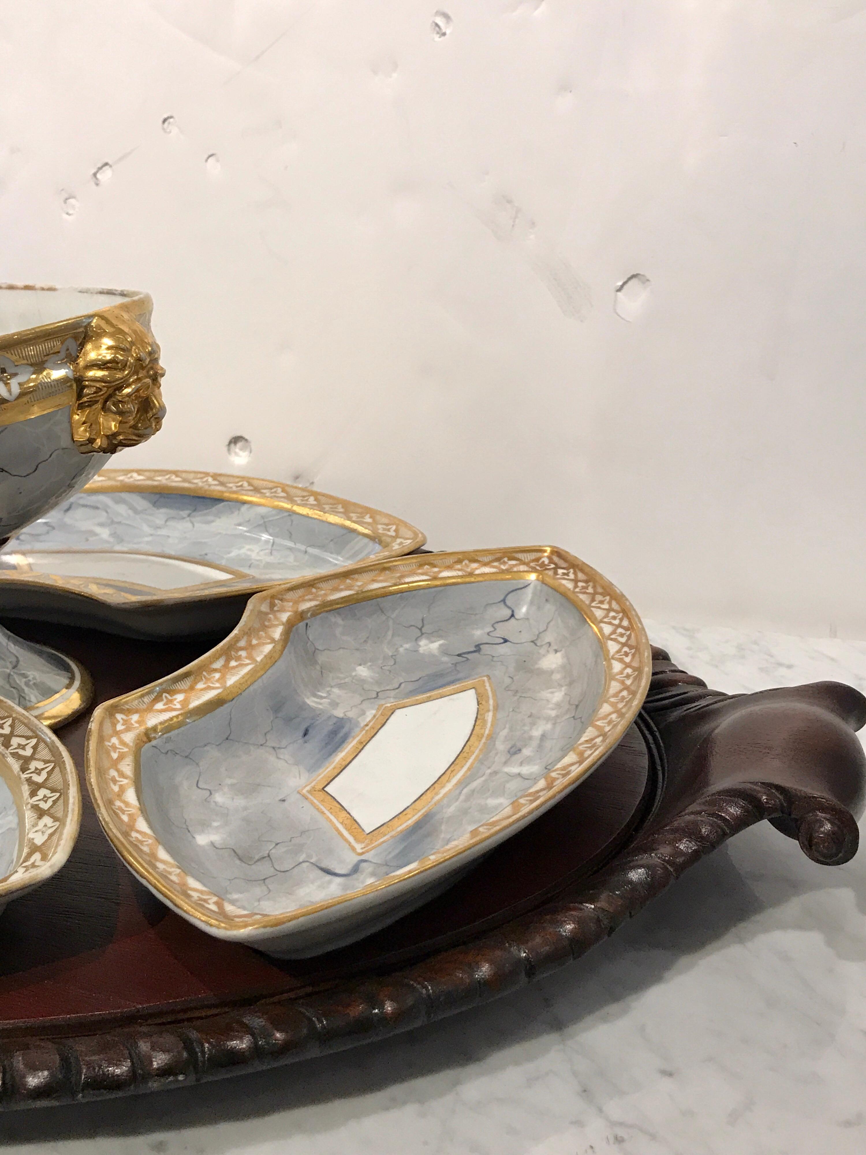 English Antique Derby Marbleized Supper Set on Georgian Hardwood Tray For Sale