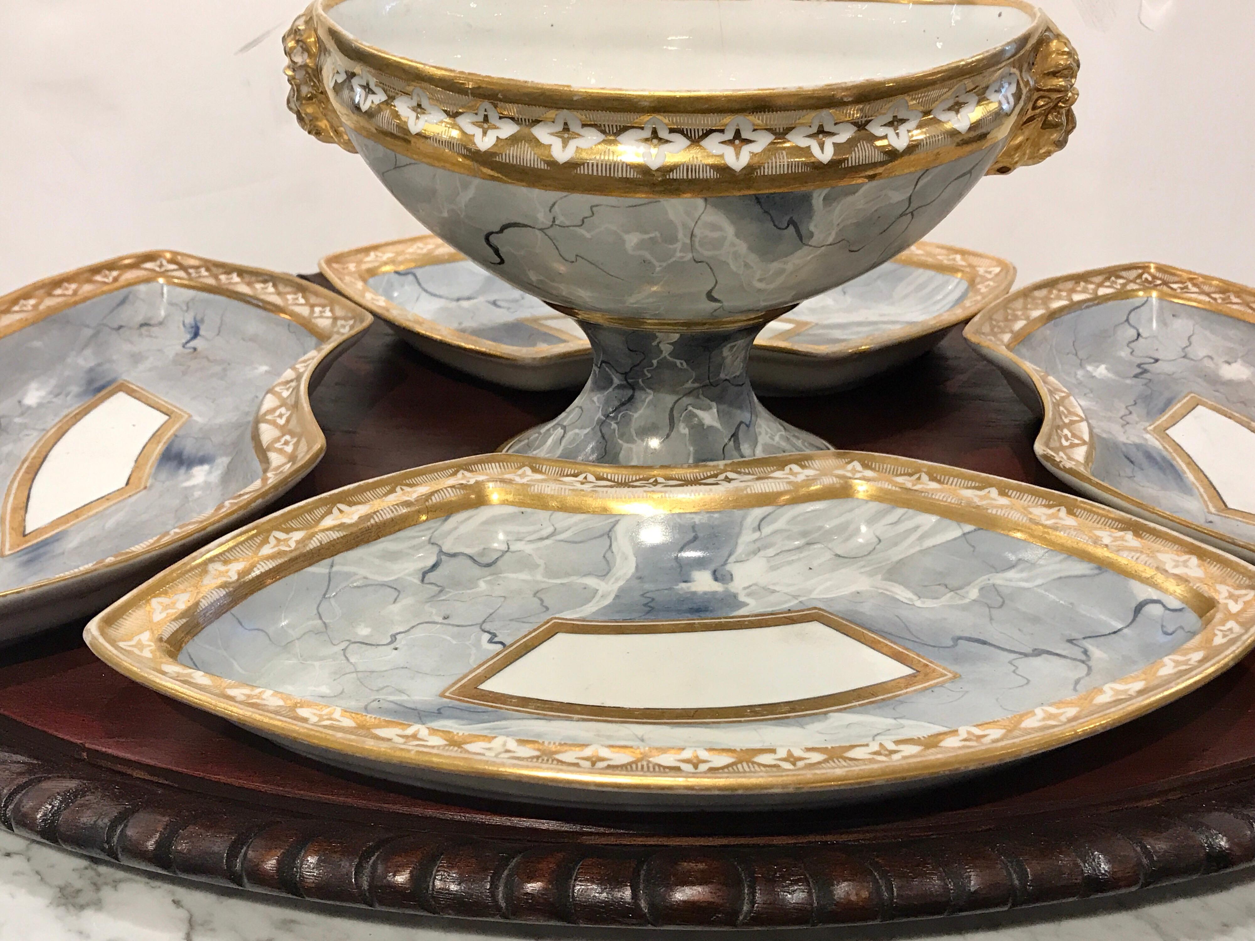 Carved Antique Derby Marbleized Supper Set on Georgian Hardwood Tray For Sale