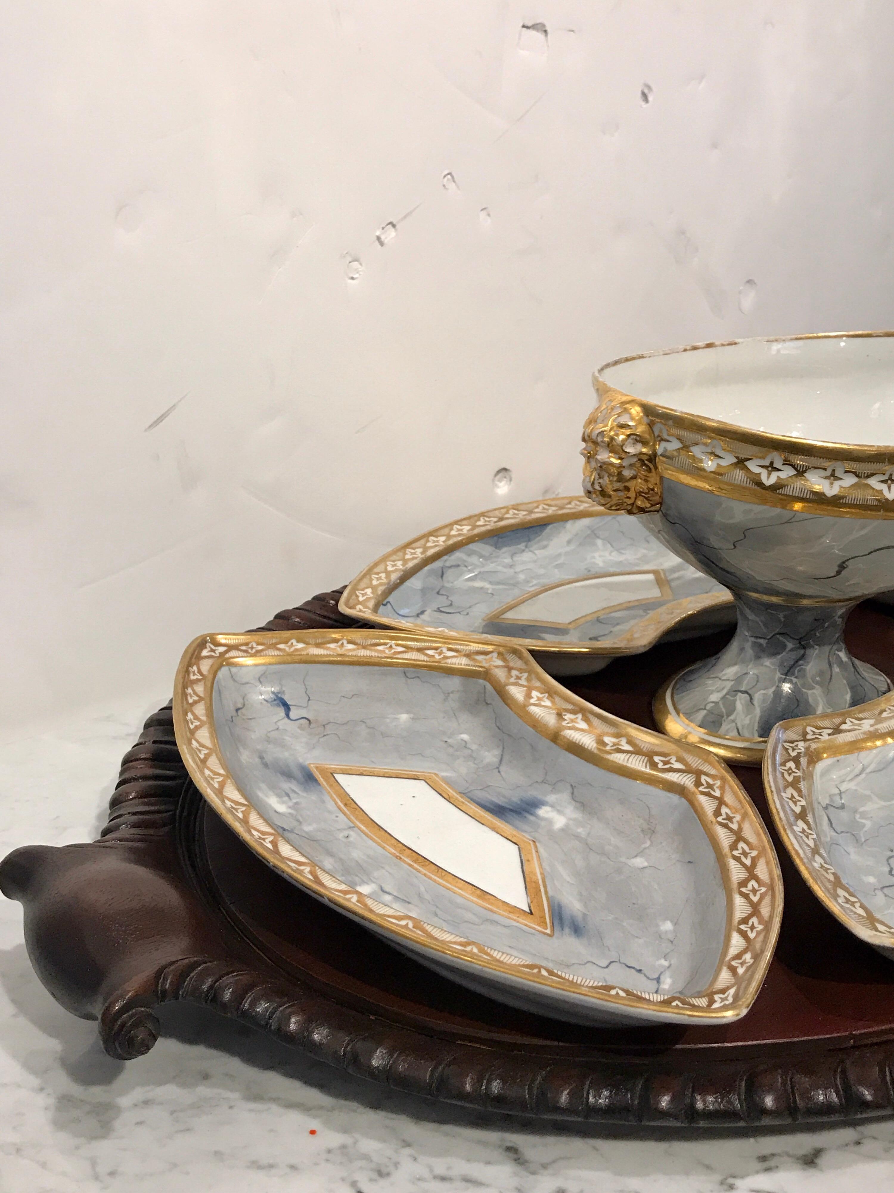 Antique Derby Marbleized Supper Set on Georgian Hardwood Tray In Good Condition For Sale In West Palm Beach, FL