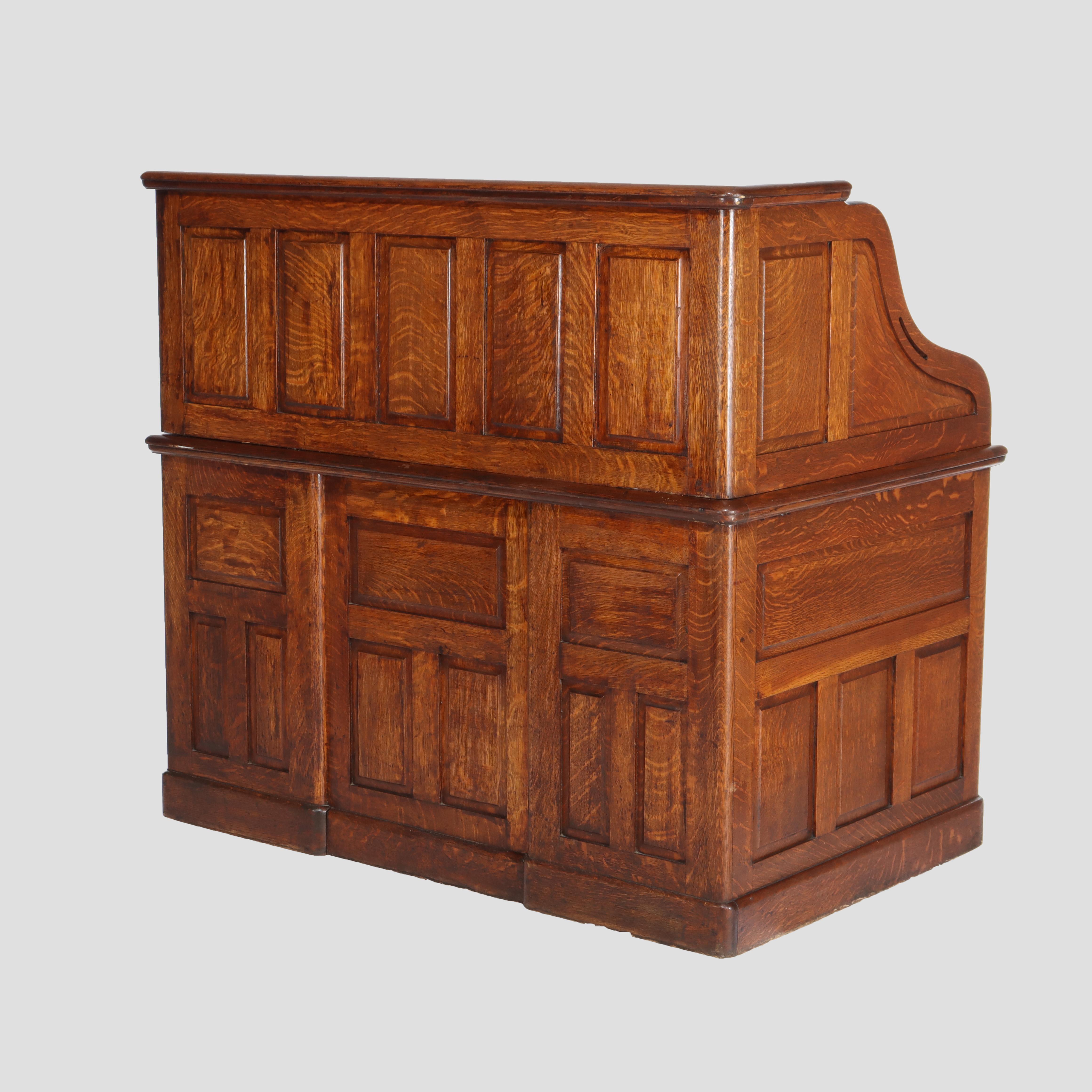 Antike Derby Eiche angehoben Panel S-Roll Top Schreibtisch mit geschnitzten zieht c1920 im Angebot 7