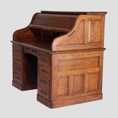 Antique Derby Oak Raised Panel S-Roll Top Desk with Carved Pulls c1920
