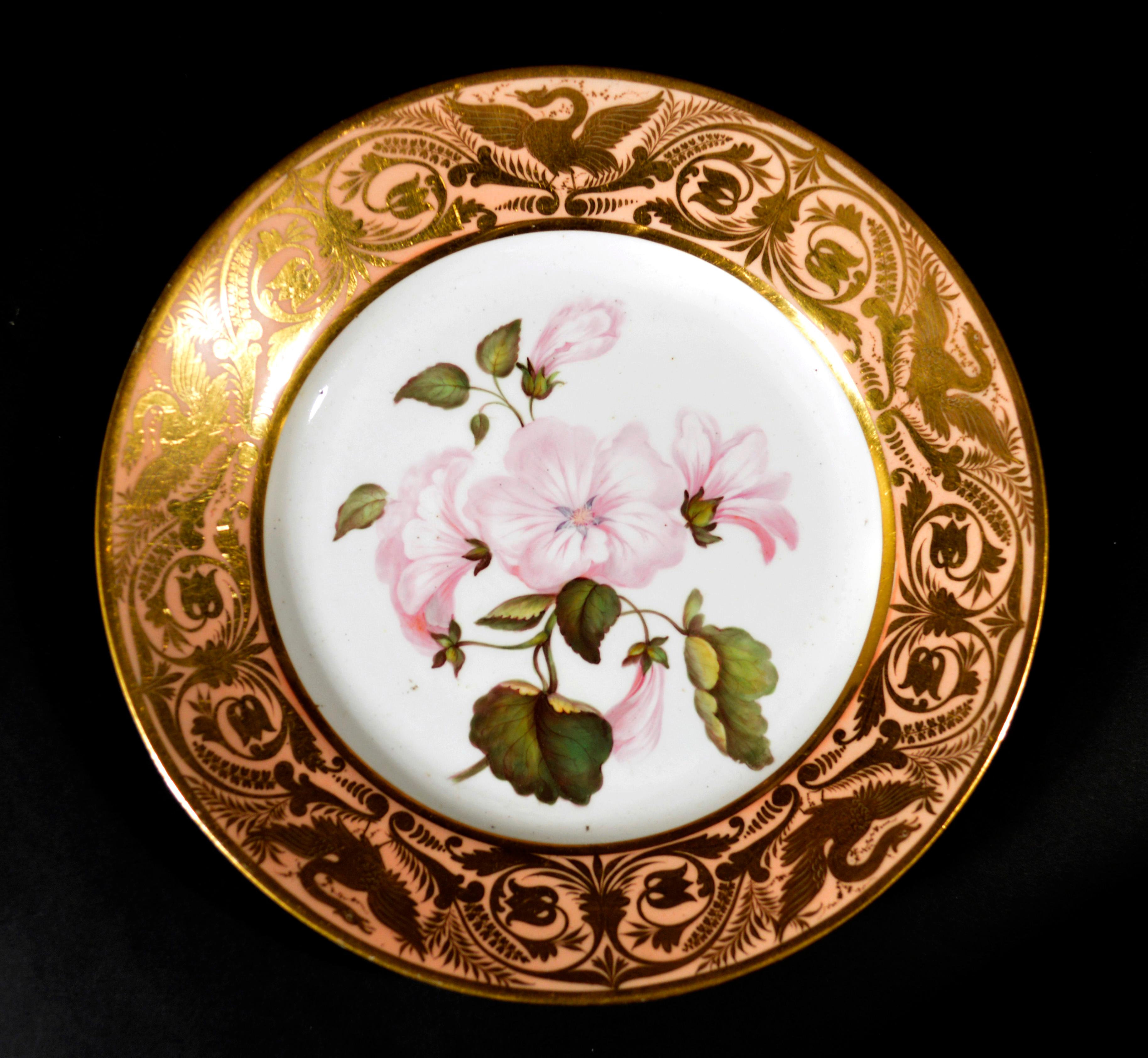 Antique Derby Porcelain Botanical Salmon-ground Plate,
Annual Lavetera,
by John Brewer,
Circa 1815.

The Derby porcelain plate is boldly painted with an Annual Lavetera botanical specimen with richly gilded borders with swans and stylized