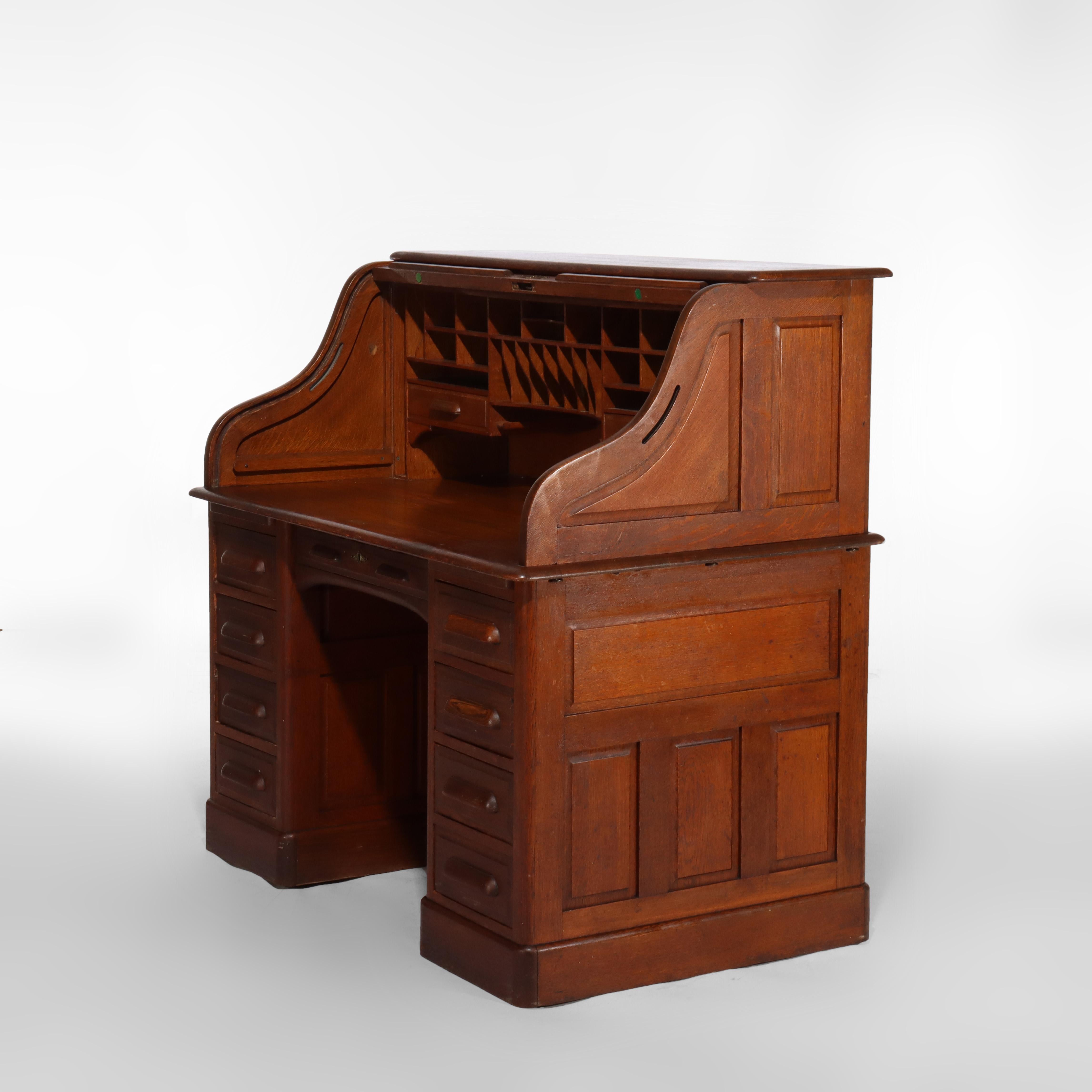 Antique Derby School Oak Paneled Roll Top Desk C1900 For Sale 6