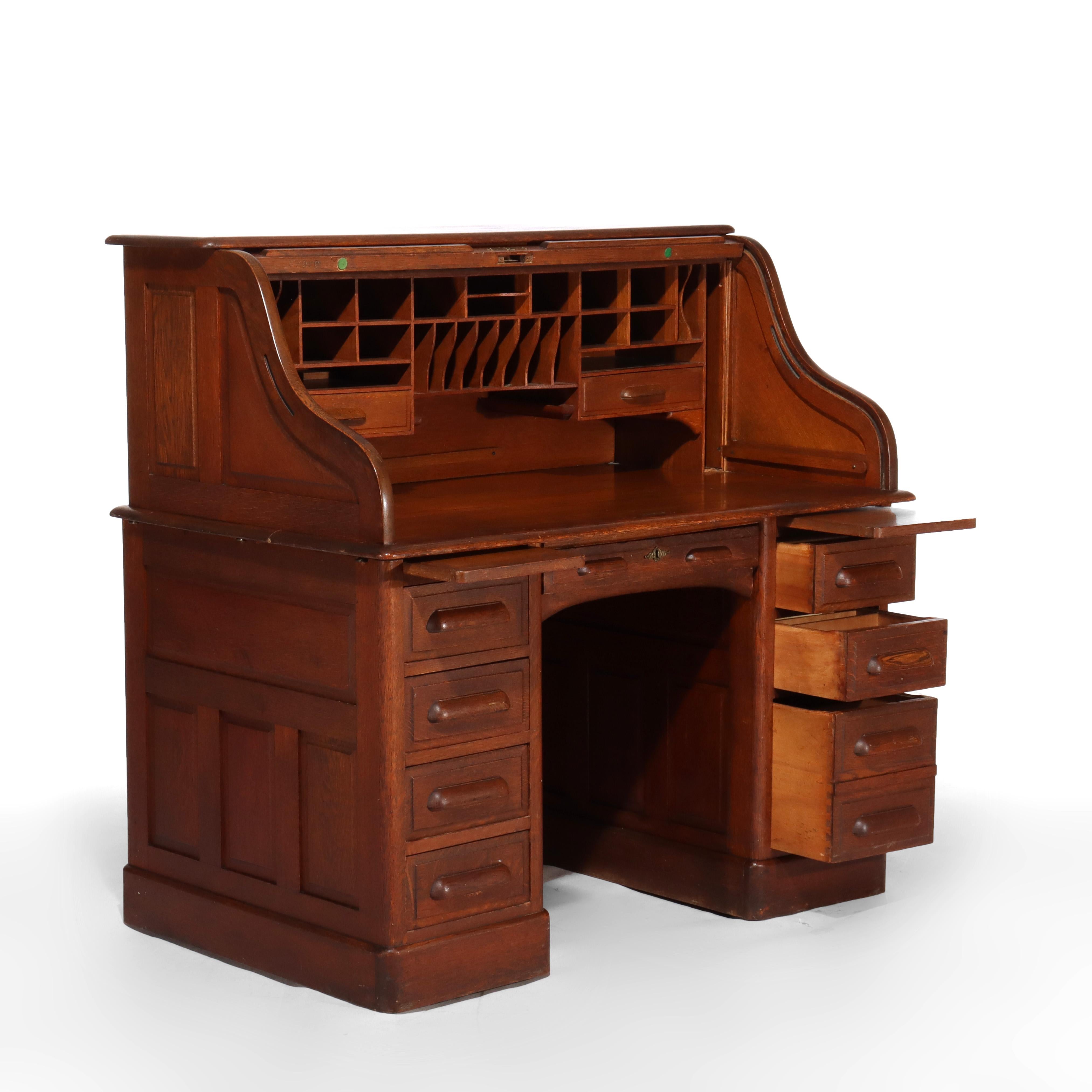 Antique Derby School Oak Paneled Roll Top Desk C1900 For Sale 13