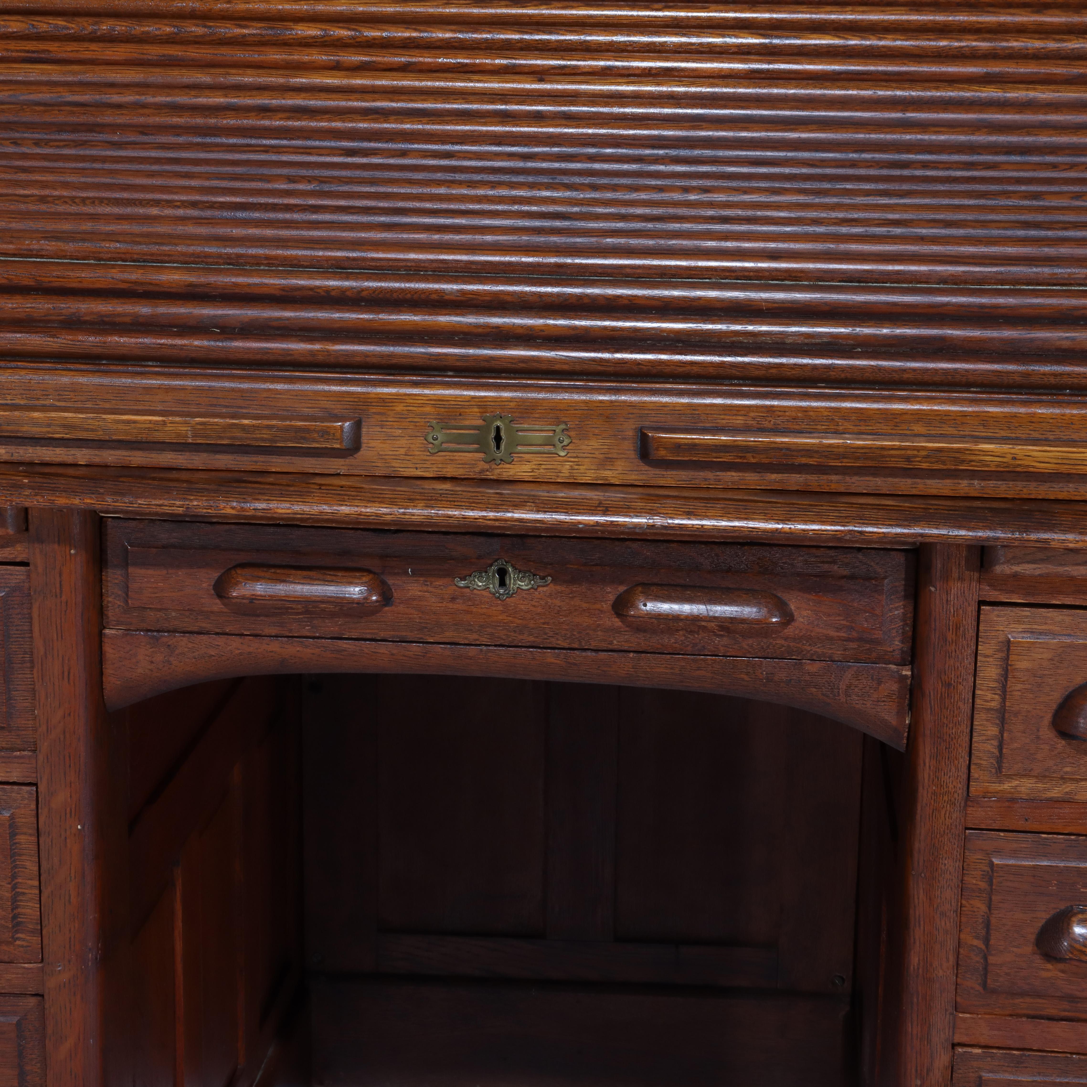 20th Century Antique Derby School Oak Paneled Roll Top Desk C1900 For Sale