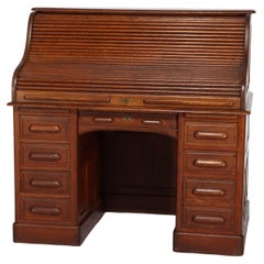 Antique Derby School Oak Paneled Roll Top Desk C1900