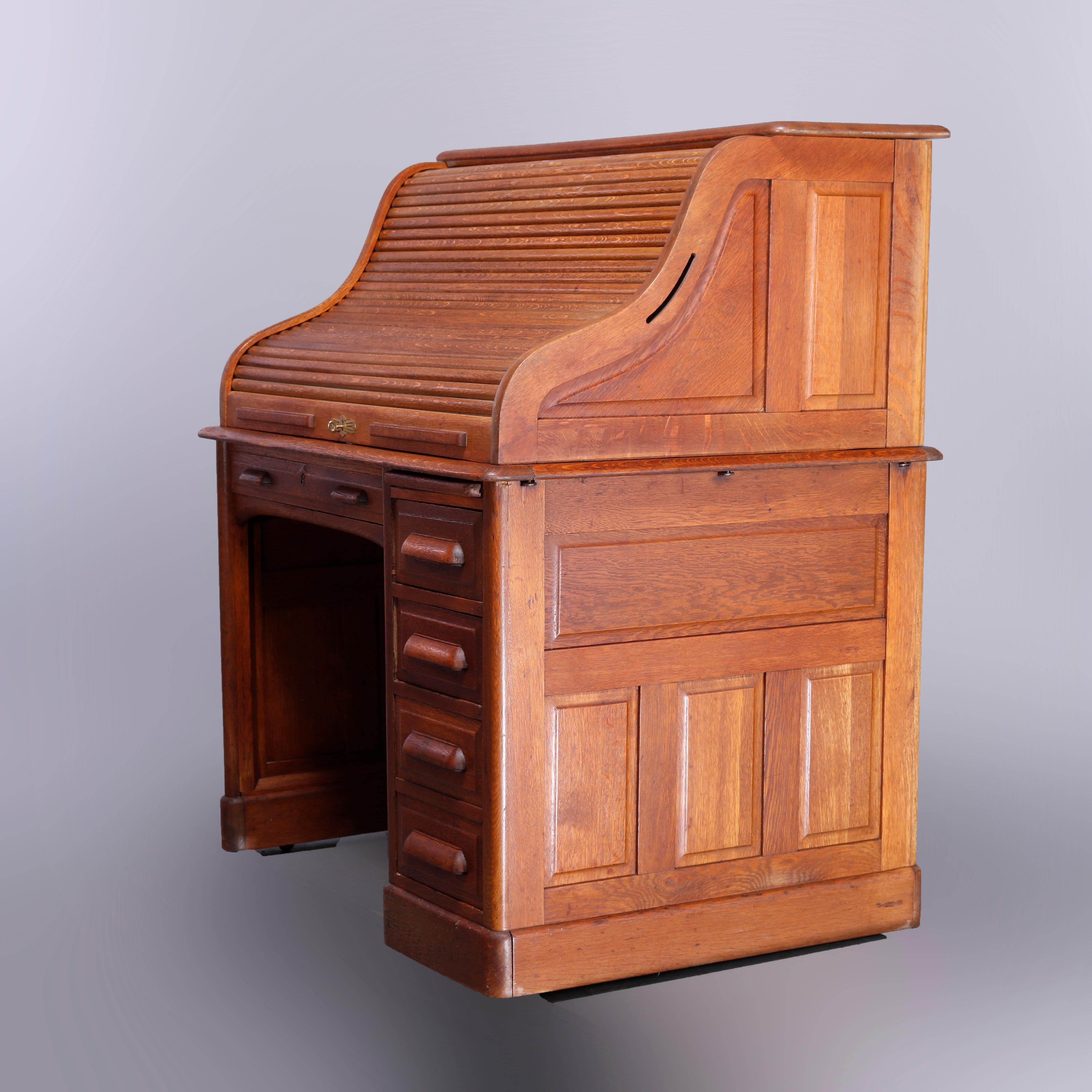 Antique Derby School Oak S-Curve & Paneled Roll Top Desk, Circa 1910 4