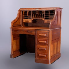 Antique Derby School Oak S-Curve & Paneled Roll Top Desk, Circa 1910