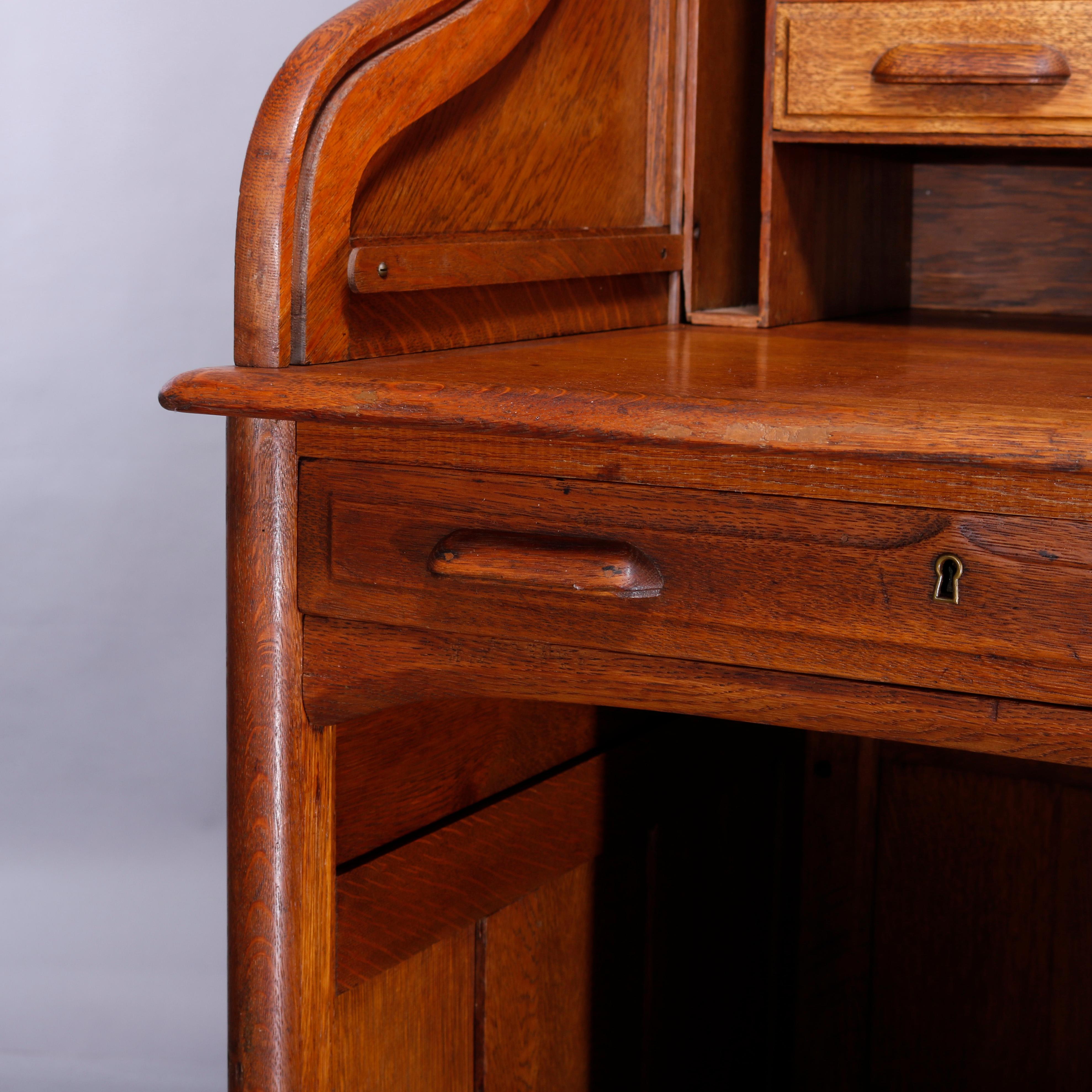 Antique Derby School Oak S-Curve & Paneled Roll Top Desk, Circa 1910 In Good Condition In Big Flats, NY