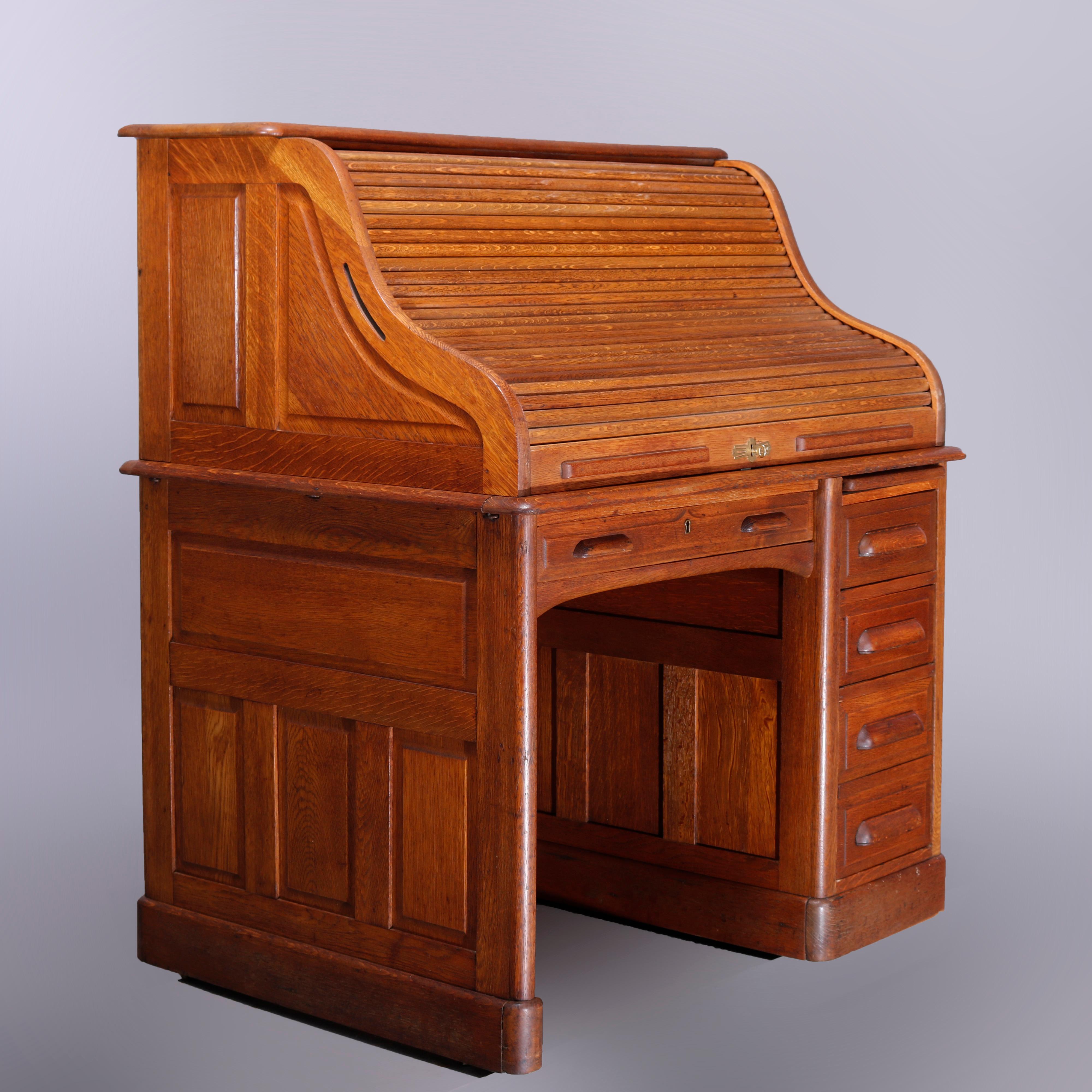 20th Century Antique Derby School Oak S-Curve & Paneled Roll Top Desk, Circa 1910