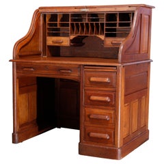 Antique Derby School Oak S-Curve & Paneled Roll Top Desk, Circa 1910