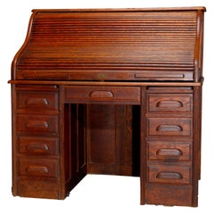 Antique Derby School Oak S-Roll Top Desk with Reeded Side Column, circa 1900