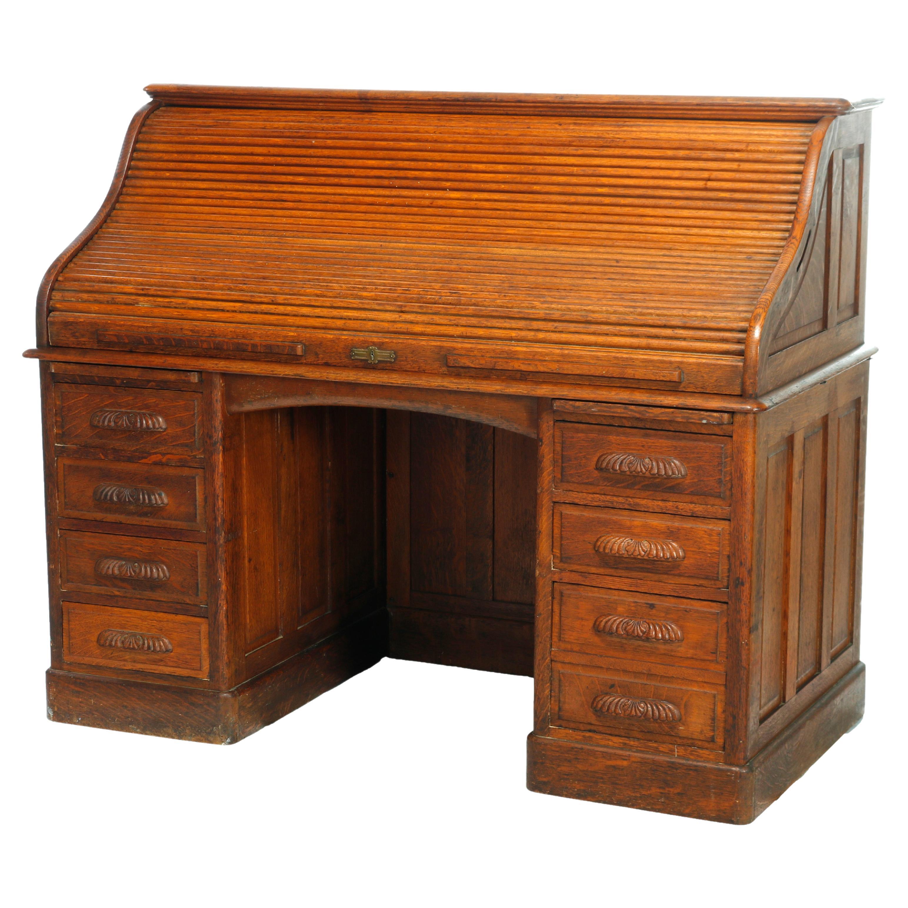 Antique Derby School Paneled Oak Roll Top Desk with Full Interior, C1900 For Sale