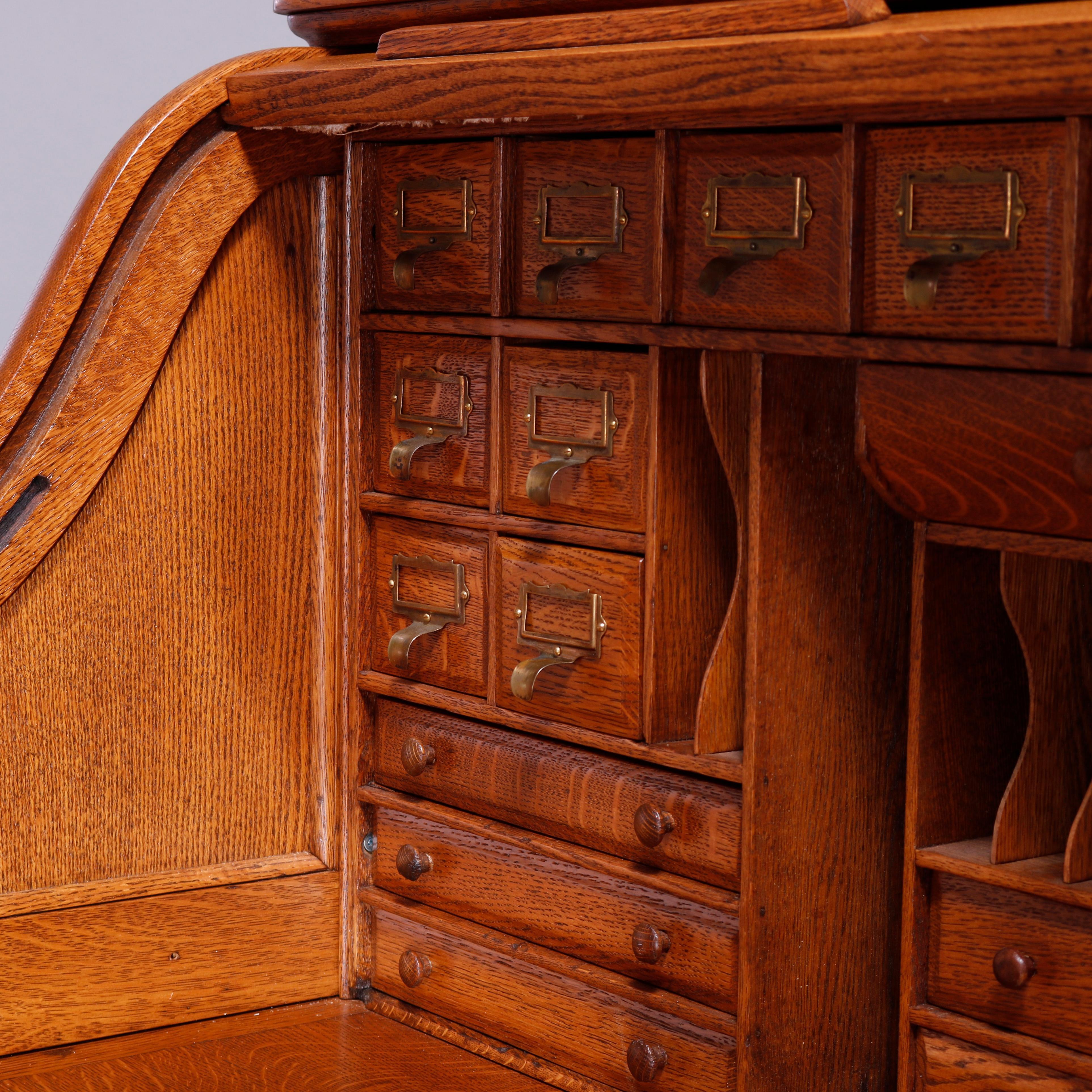 Antique Derby School Paneled Oak S-Curve Roll Top Desk circa, 1910 In Good Condition In Big Flats, NY