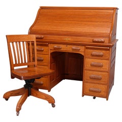 Antique Derby School Paneled Quarter Sawn Oak S-Roll Top Desk and Chair