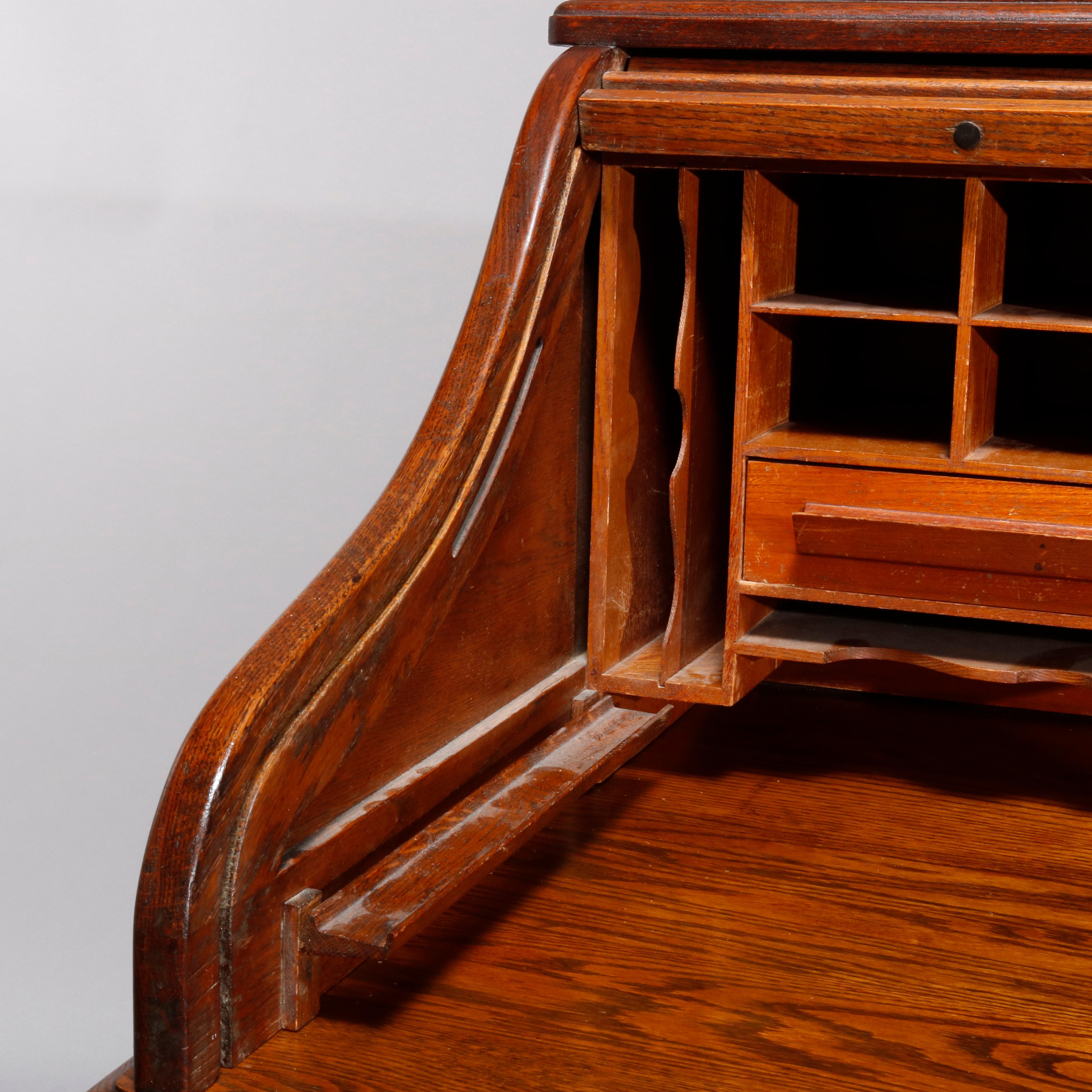 19th Century Antique Derby School Paneled Quarter Sawn Oak S-Roll Top Desk by Cutler
