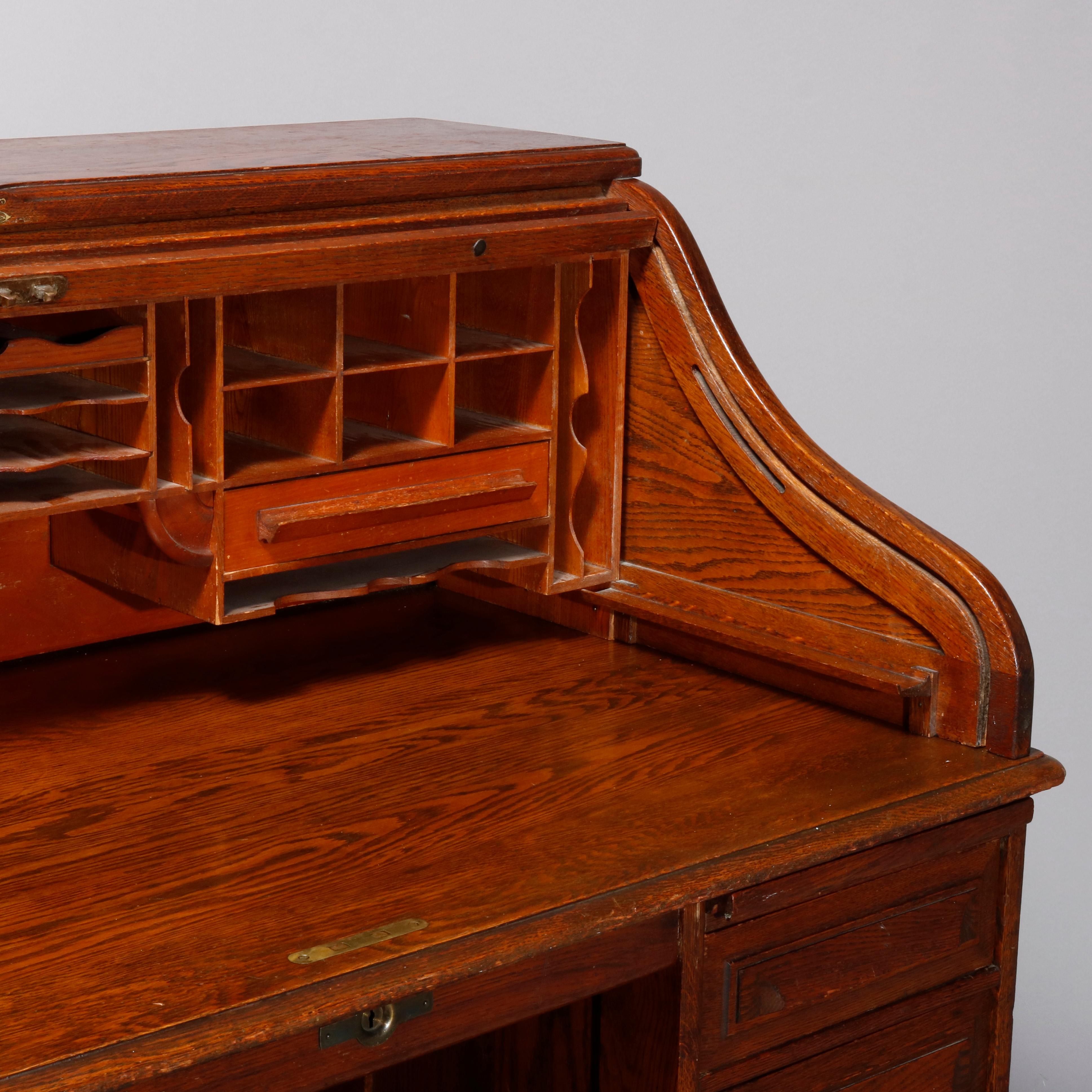 Antique Derby School Paneled Quarter Sawn Oak S-Roll Top Desk by Cutler 1