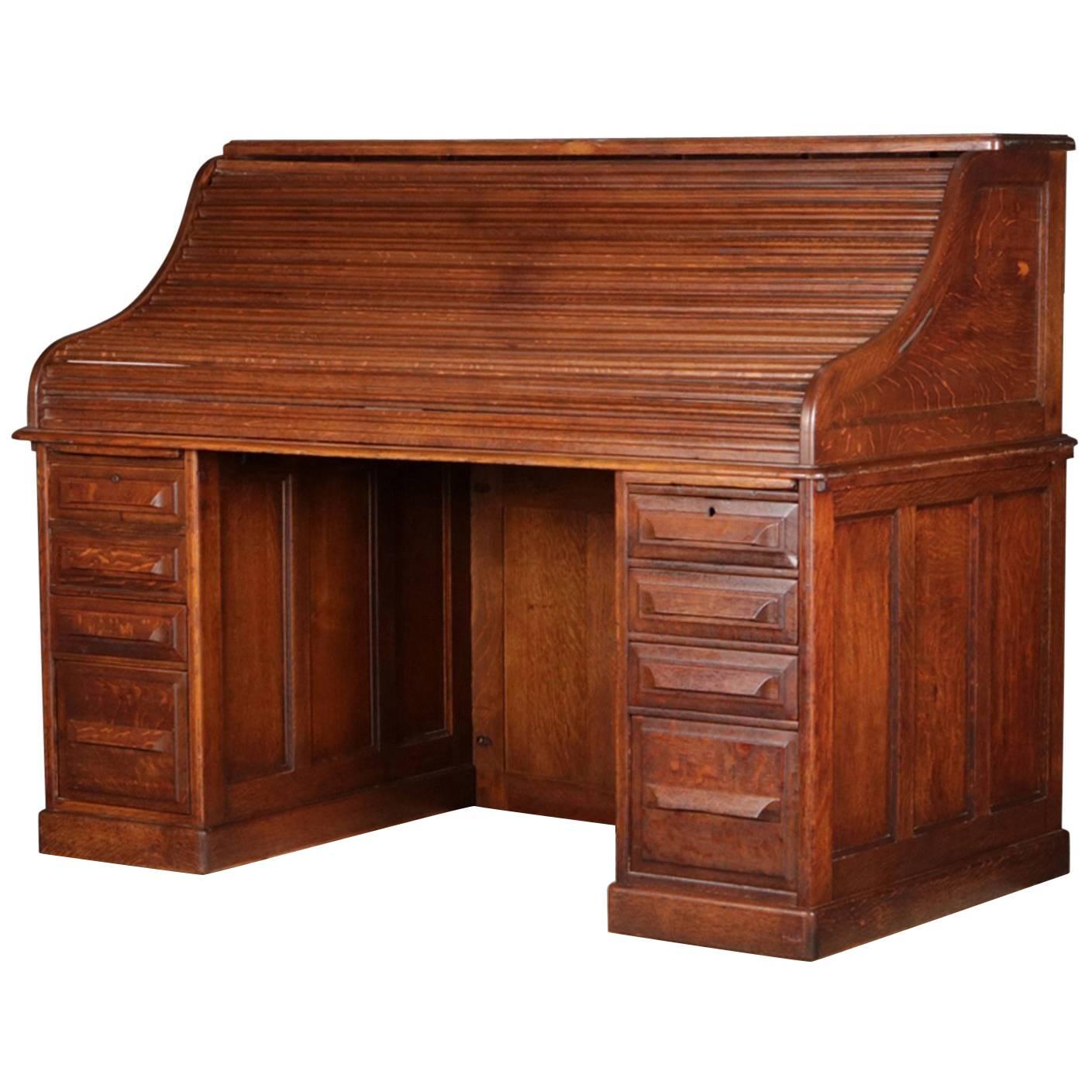 Antique Derby School Paneled Quarter Sawn Oak S-Roll Top Desk by Cutler