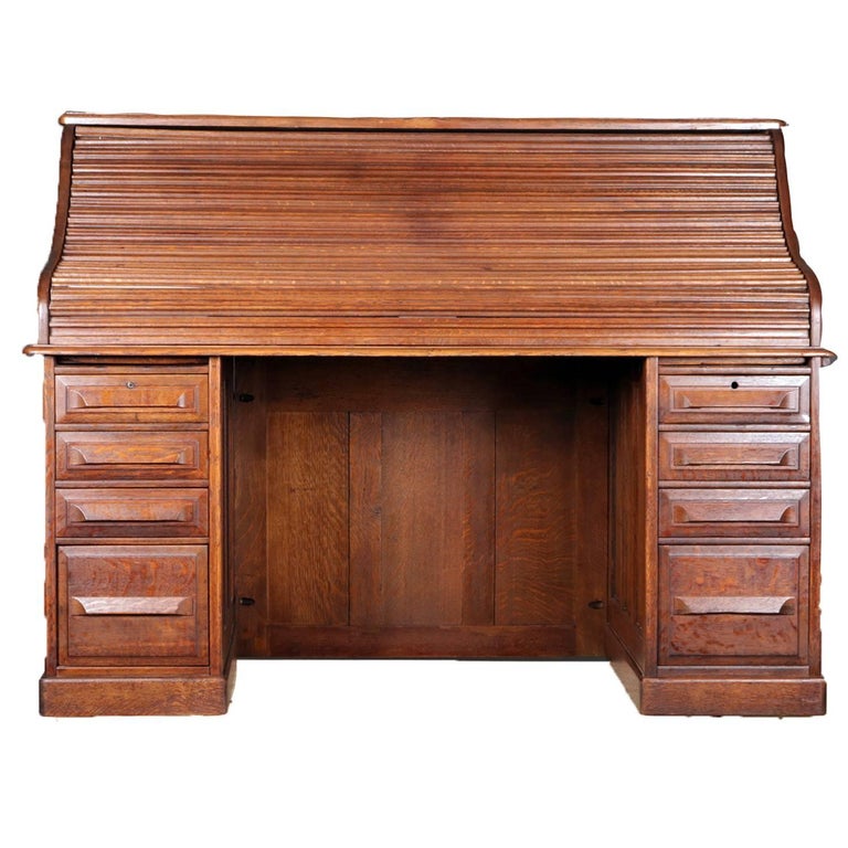 Antique Derby School Paneled Quarter Sawn Oak SRoll Top Desk by Cutler