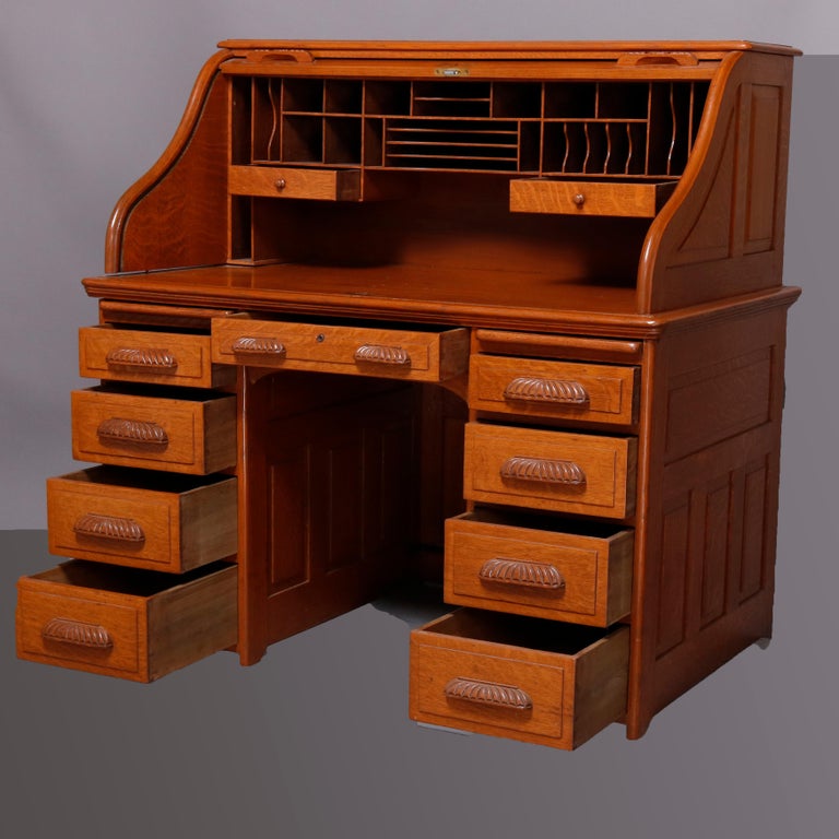Antique Derby School Paneled Quarter Sawn Oak SRoll Top Desk and Chair