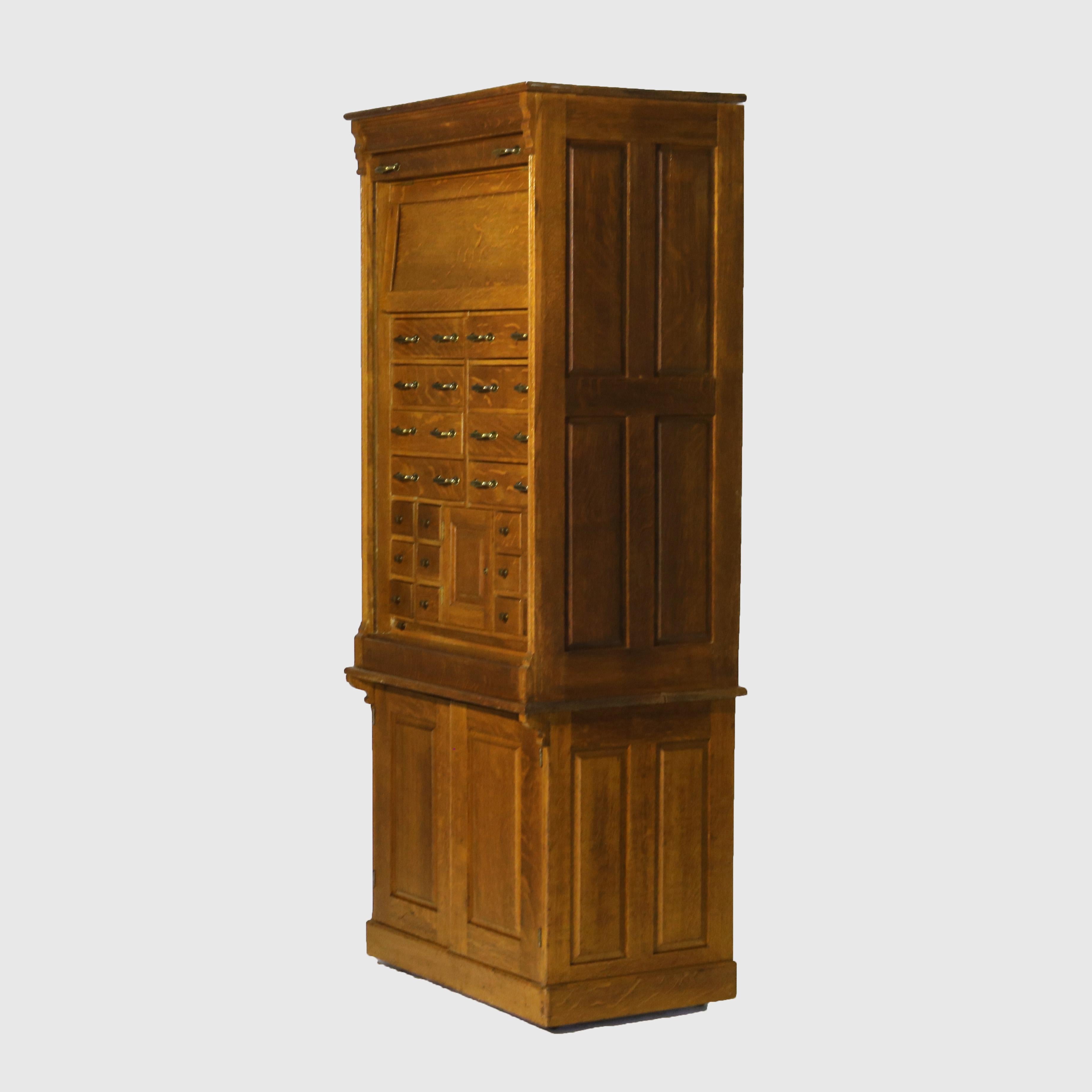 Antique Derby School Tambour Oak Two-Piece Multi Drawer Cabinet Signed C1900 6