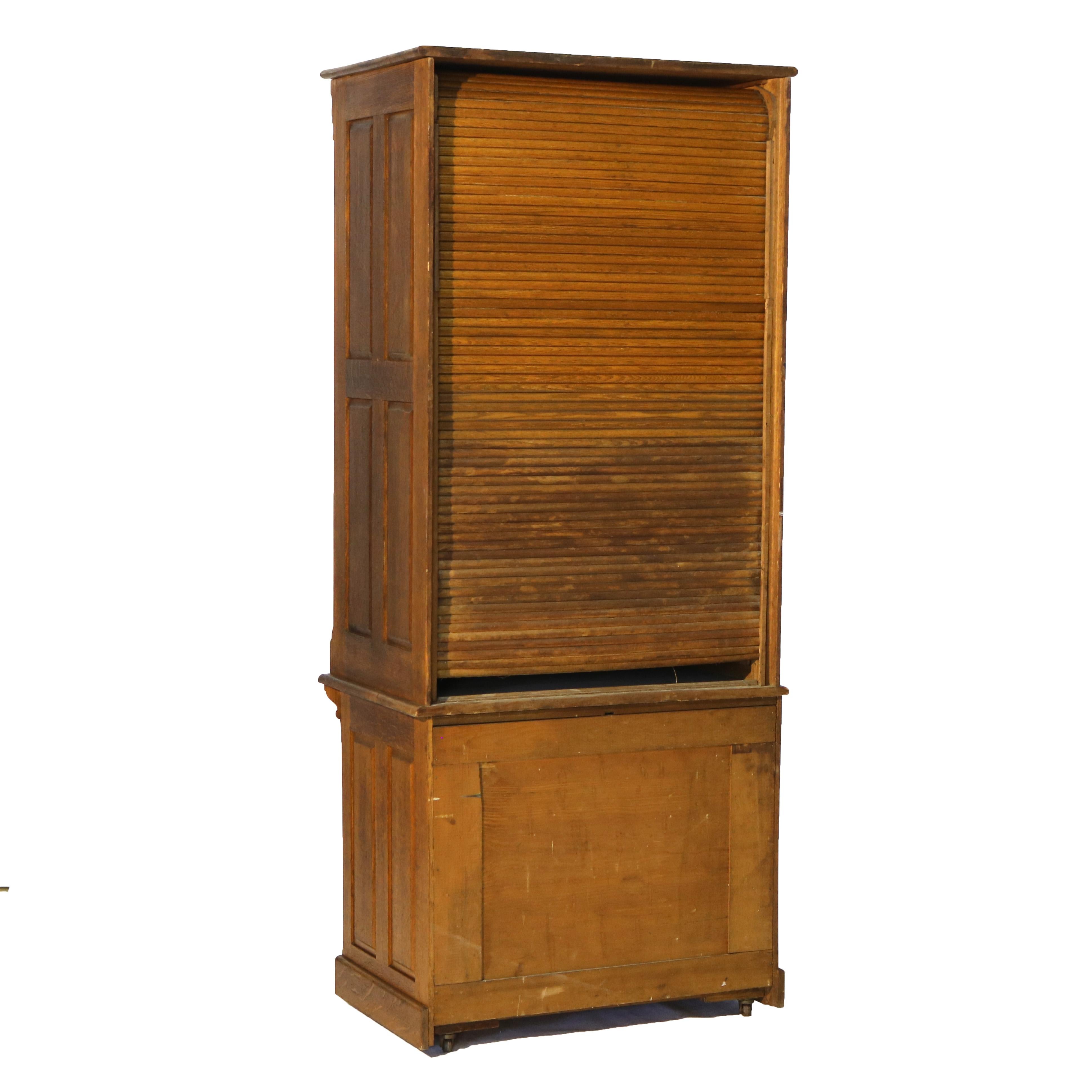 Antique Derby School Tambour Oak Two-Piece Multi Drawer Cabinet Signed C1900 7