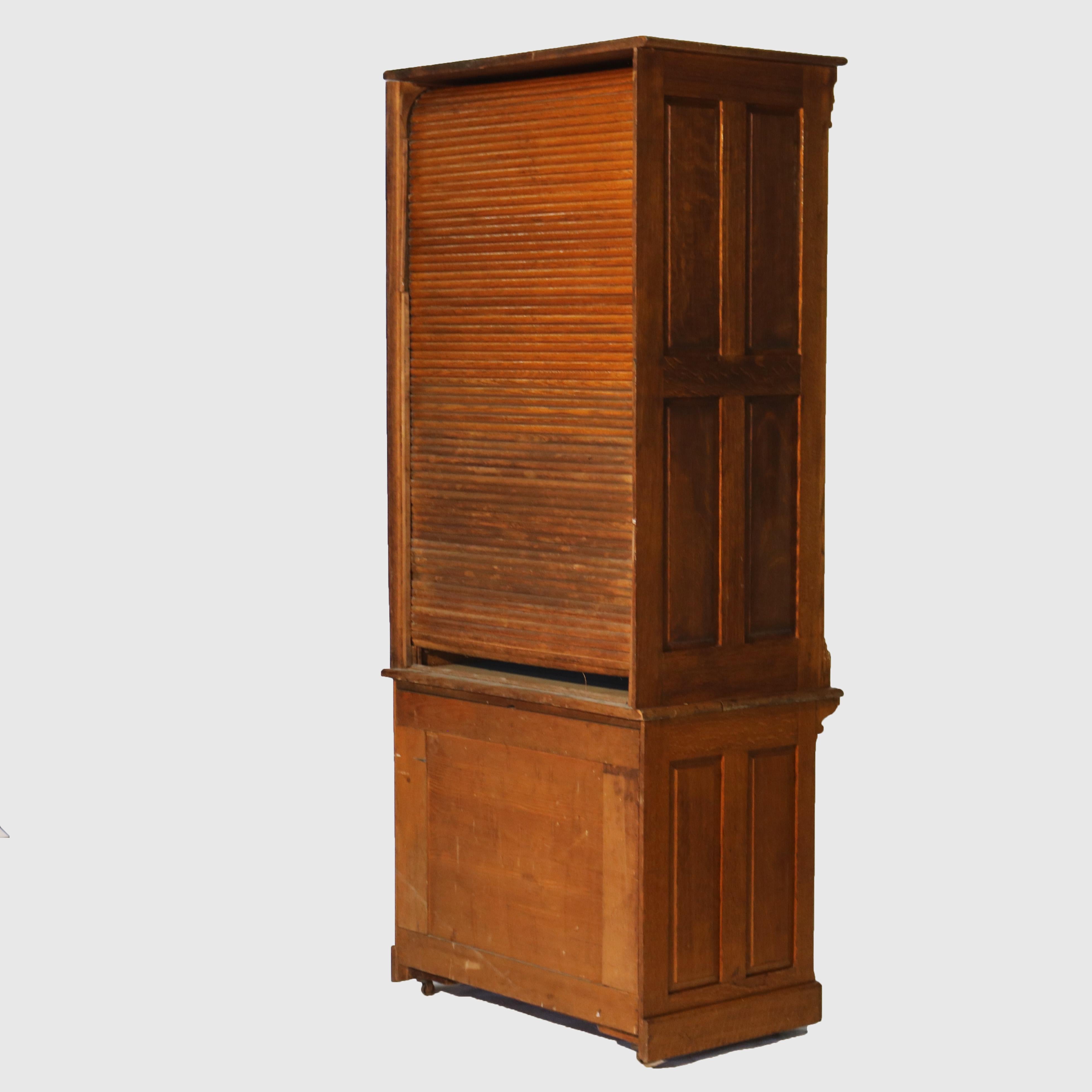Antique Derby School Tambour Oak Two-Piece Multi Drawer Cabinet Signed C1900 8
