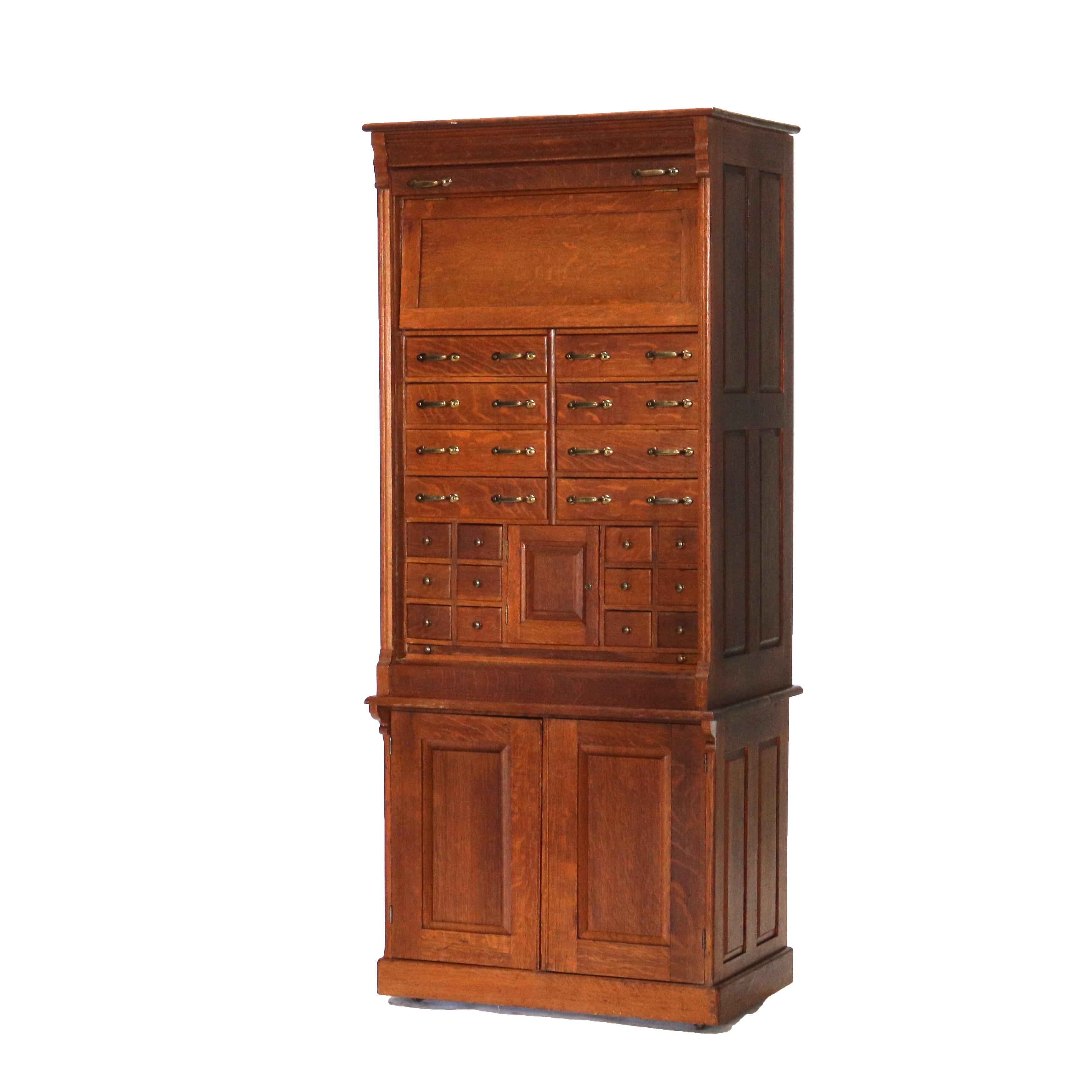 Antique Derby School Tambour Oak 2 Piece Multi Drawer Cabinet Signed C1900.   
14 5/8