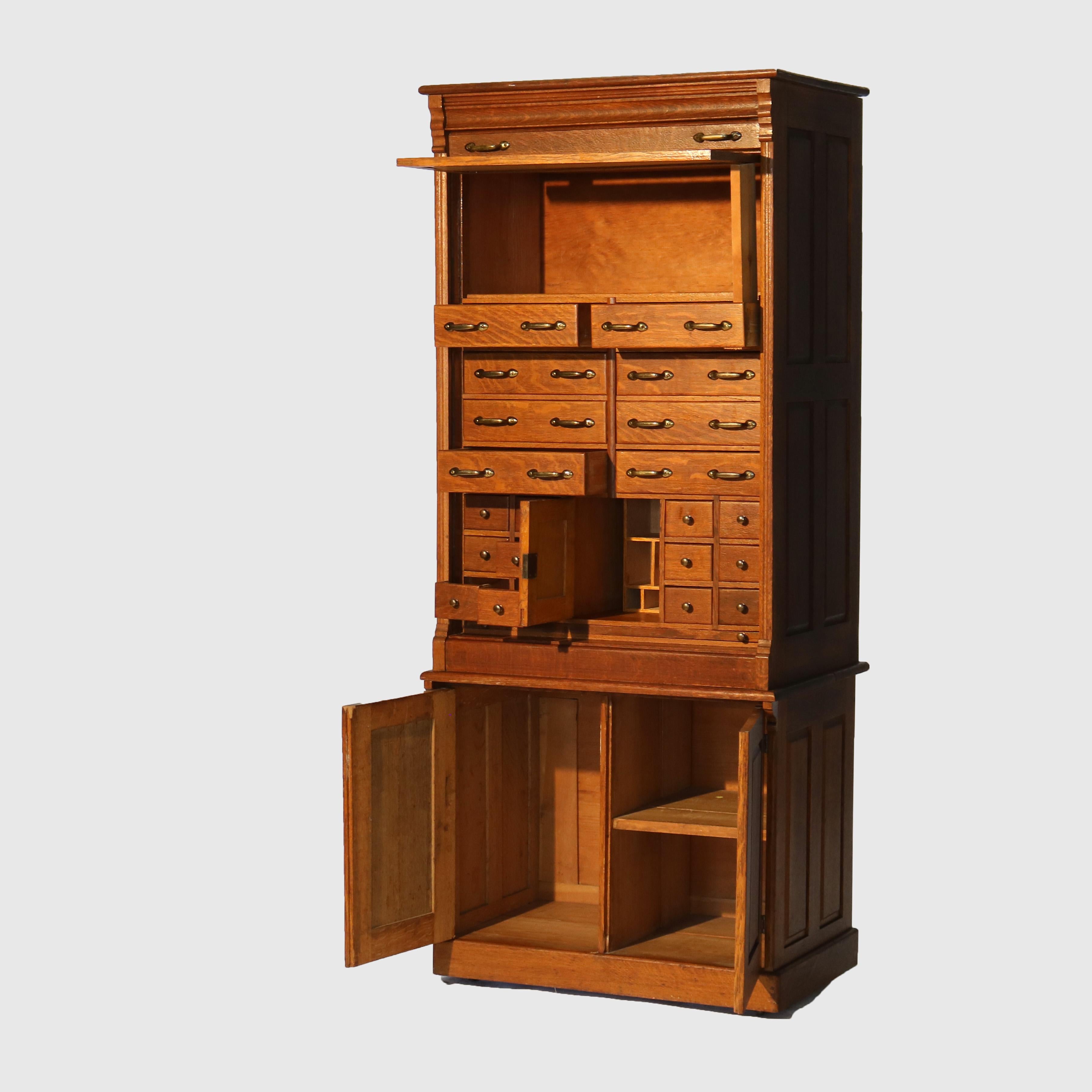 Antique Derby School Tambour Oak Two-Piece Multi Drawer Cabinet Signed C1900 In Good Condition In Big Flats, NY