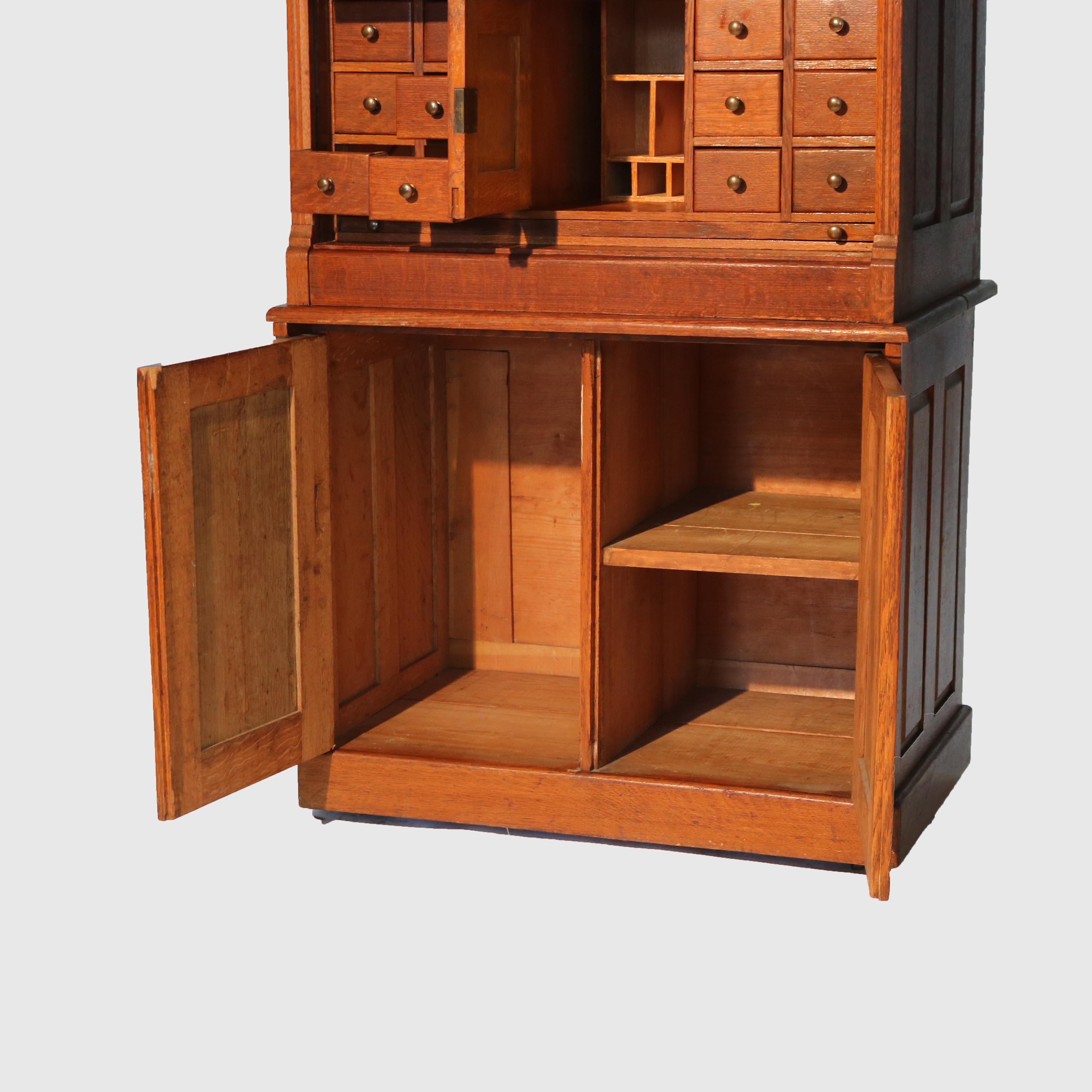 20th Century Antique Derby School Tambour Oak Two-Piece Multi Drawer Cabinet Signed C1900